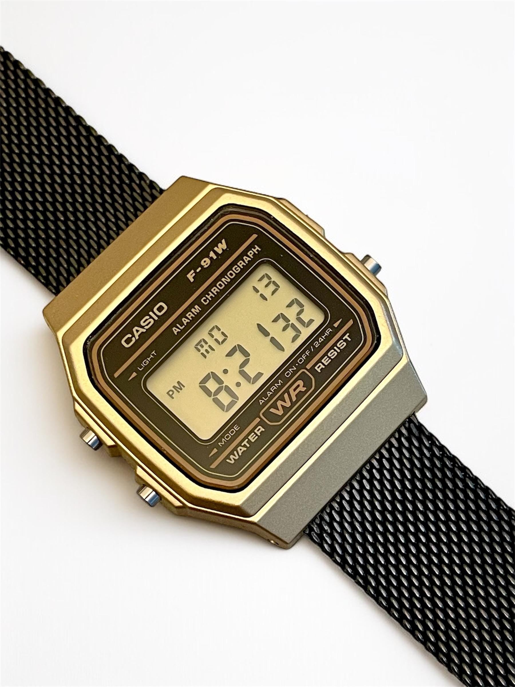 Custom Casio F91W Watch, Gold, Black Metal Band