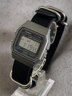 Custom Casio F91W Watch, Dark Silver, Black Nylon Strap