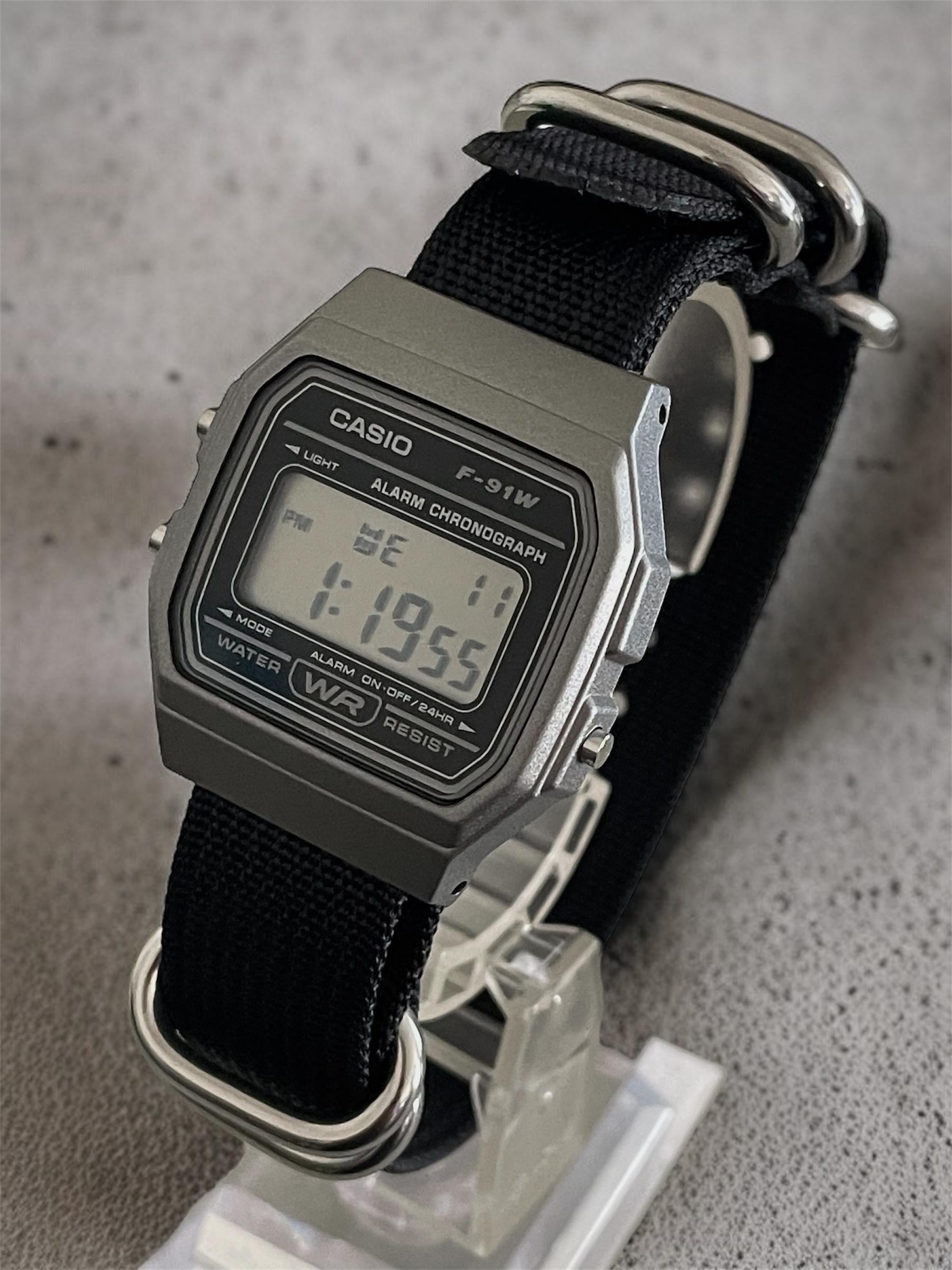 Custom Casio F91W Watch, Dark Silver, Black Nylon Strap
