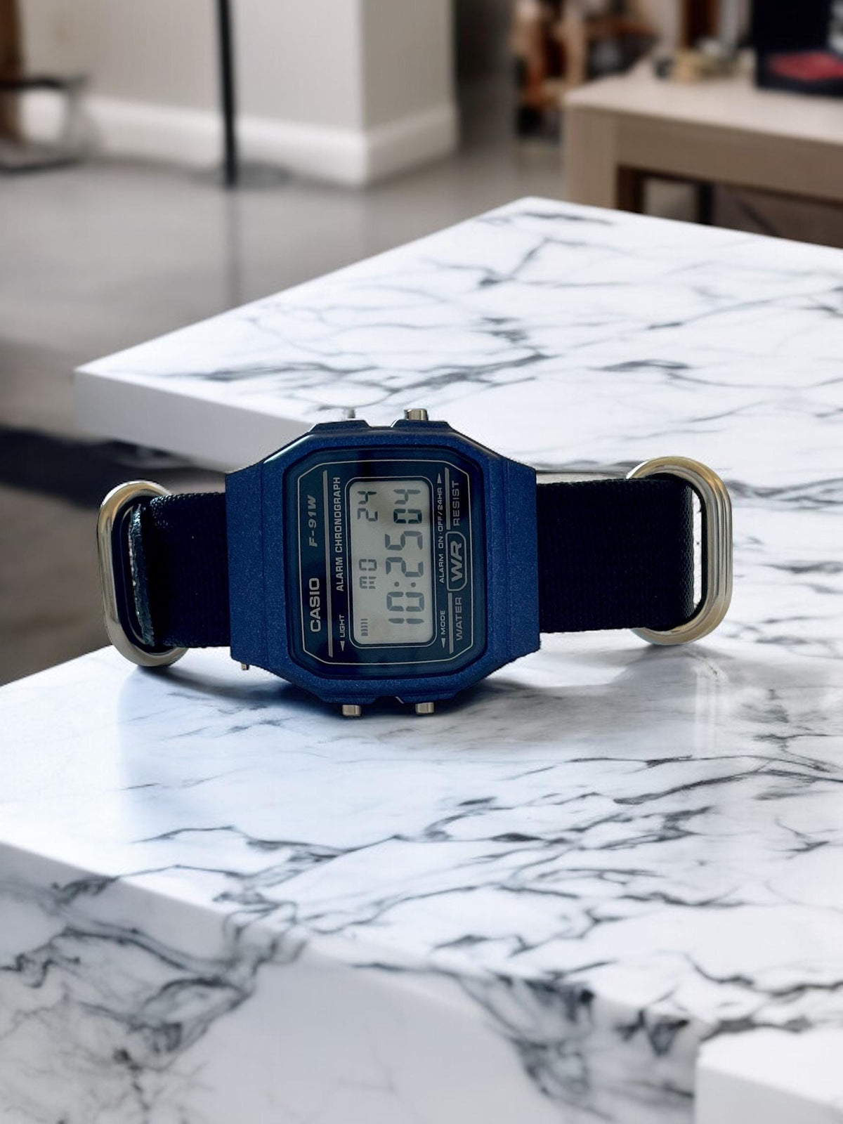 Custom Casio F91W Watch, Blue, Black NATO Strap