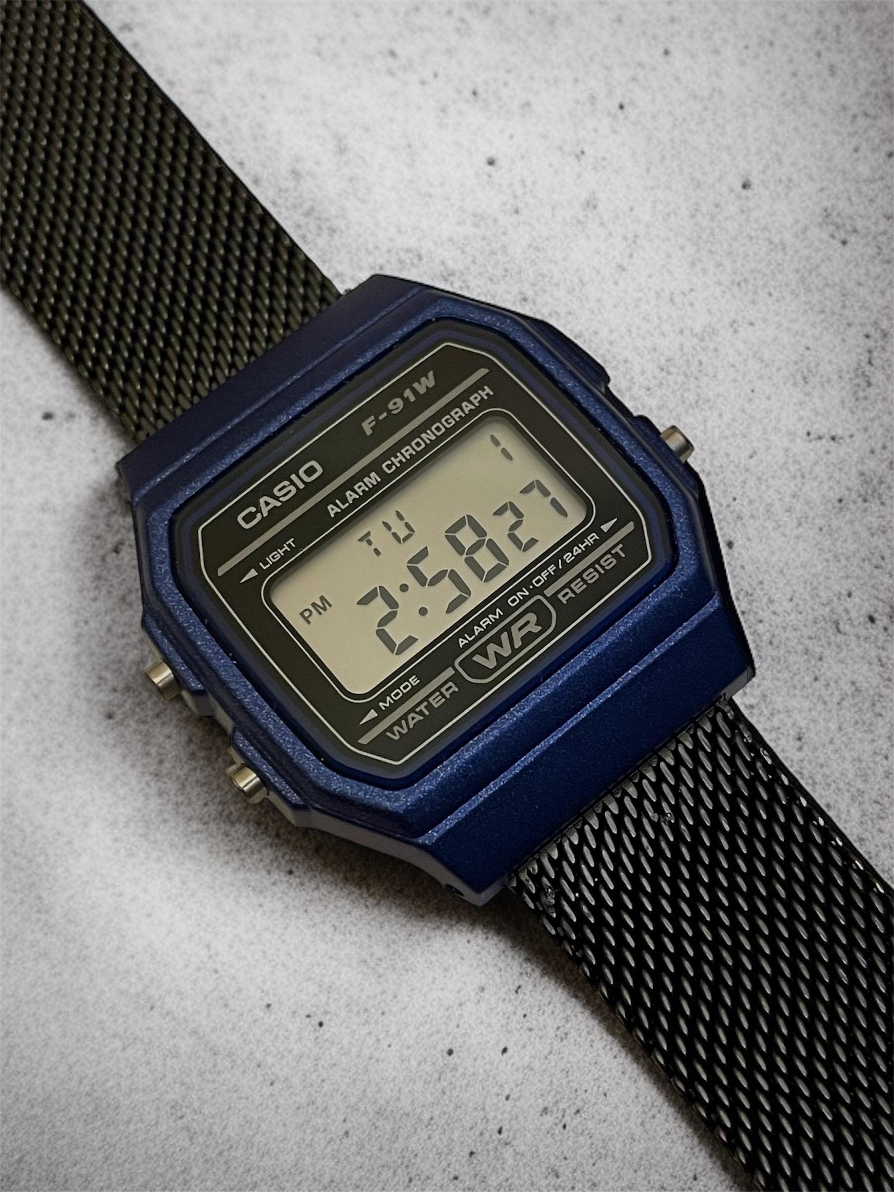 Custom Casio F91W Watch, Blue, Black Metal Band