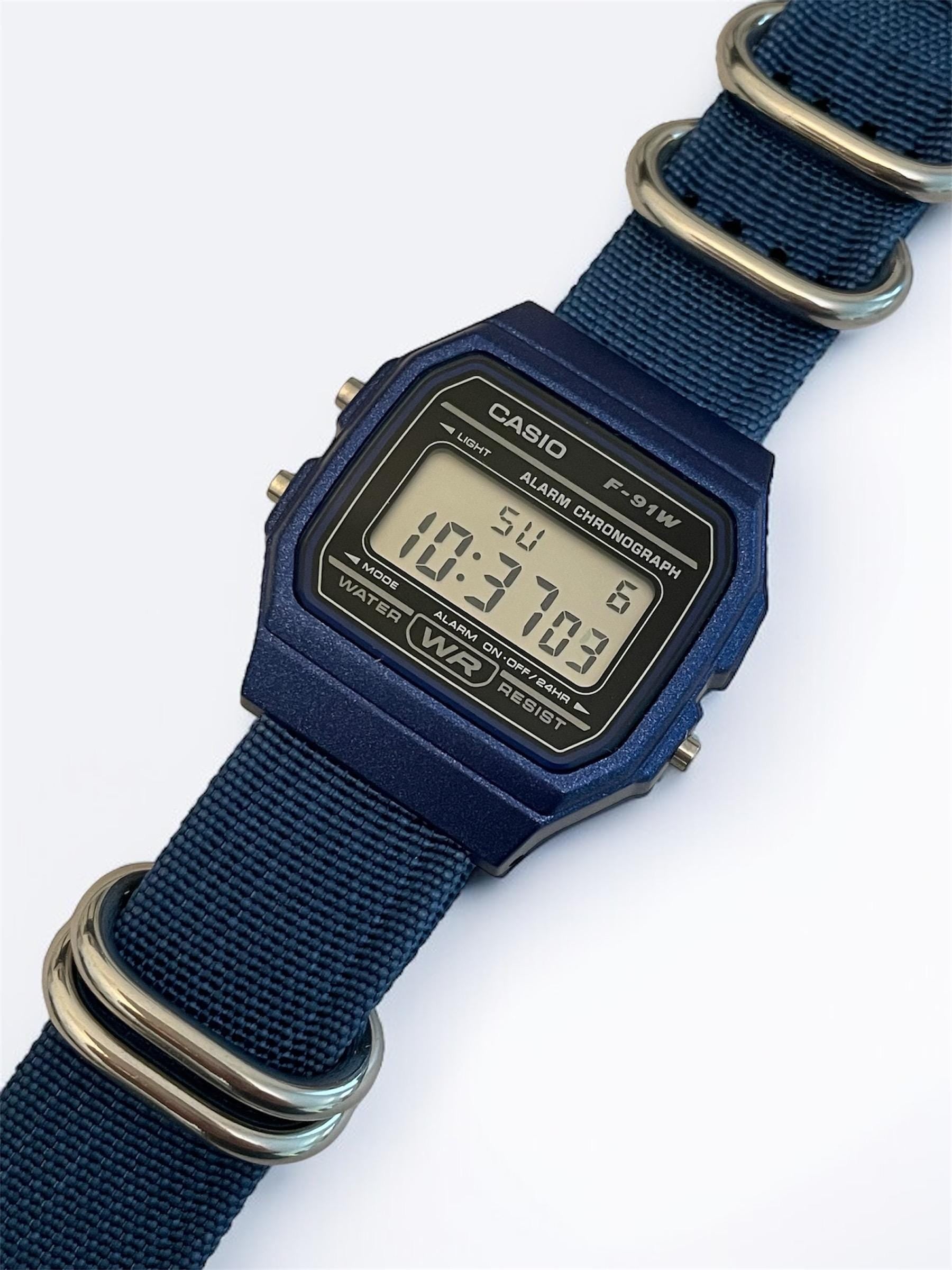 Custom Casio F91W Watch, Blue, Blue NATO Strap