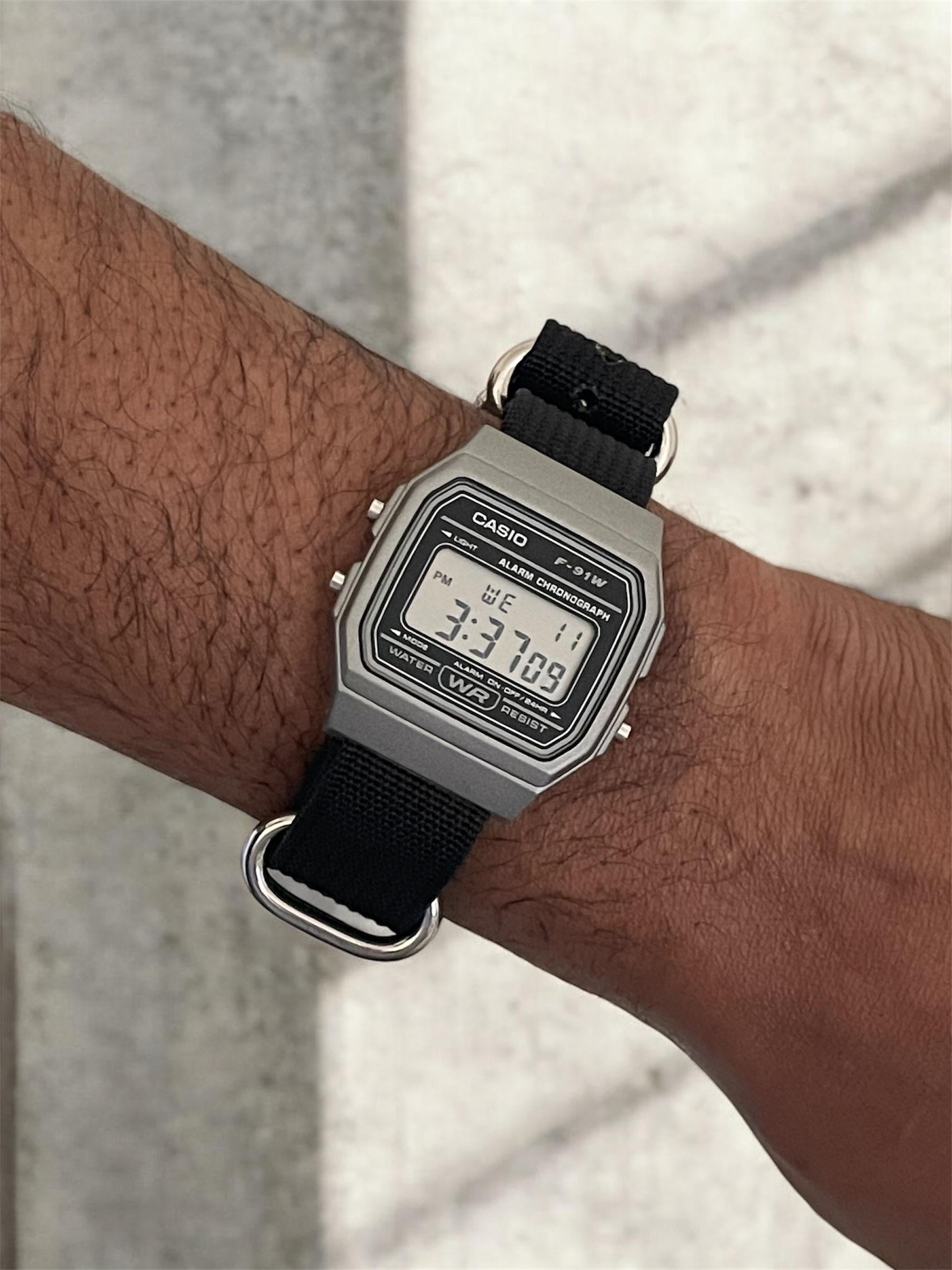 Custom Casio F91W Watch, Dark Silver, Black Nylon Strap