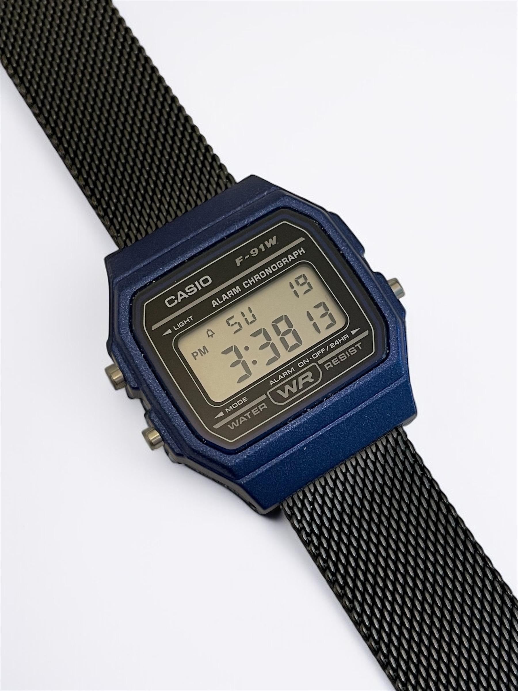 Custom Casio F91W Watch, Blue, Black Metal Band