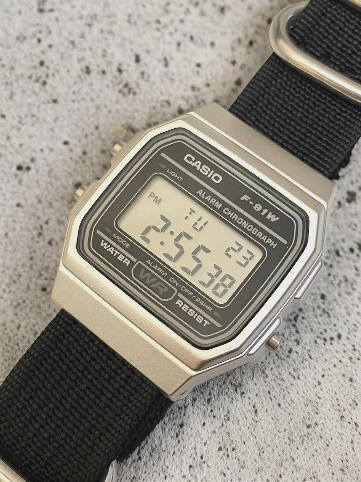 Custom Casio F91W Watch, Silver, Black NATO Strap