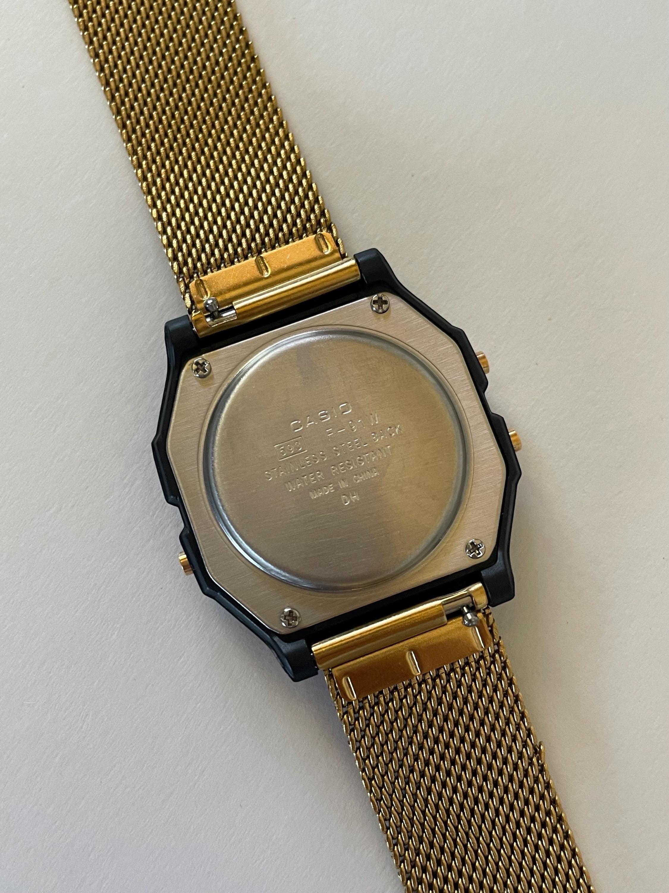 Custom Casio F91W, Black, Gold Metal Band