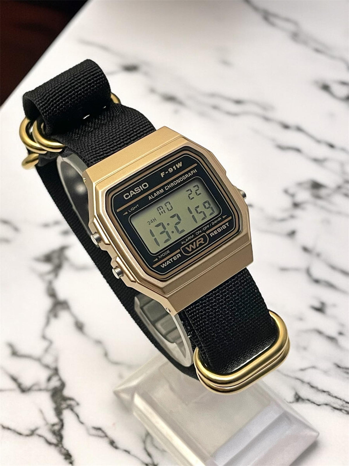 Custom Casio F91W Watch, Gold, Black NATO Strap