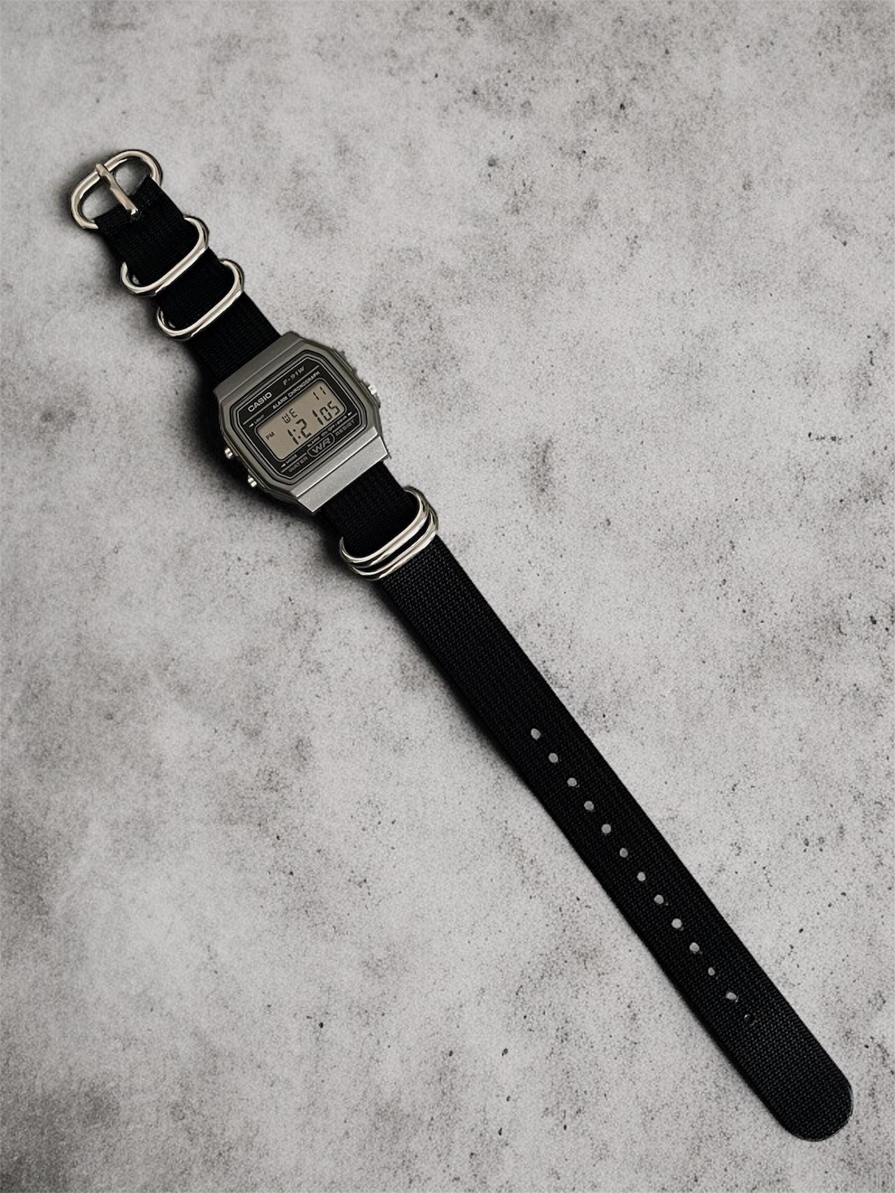 Custom Casio F91W Watch, Dark Silver, Black Nylon Strap