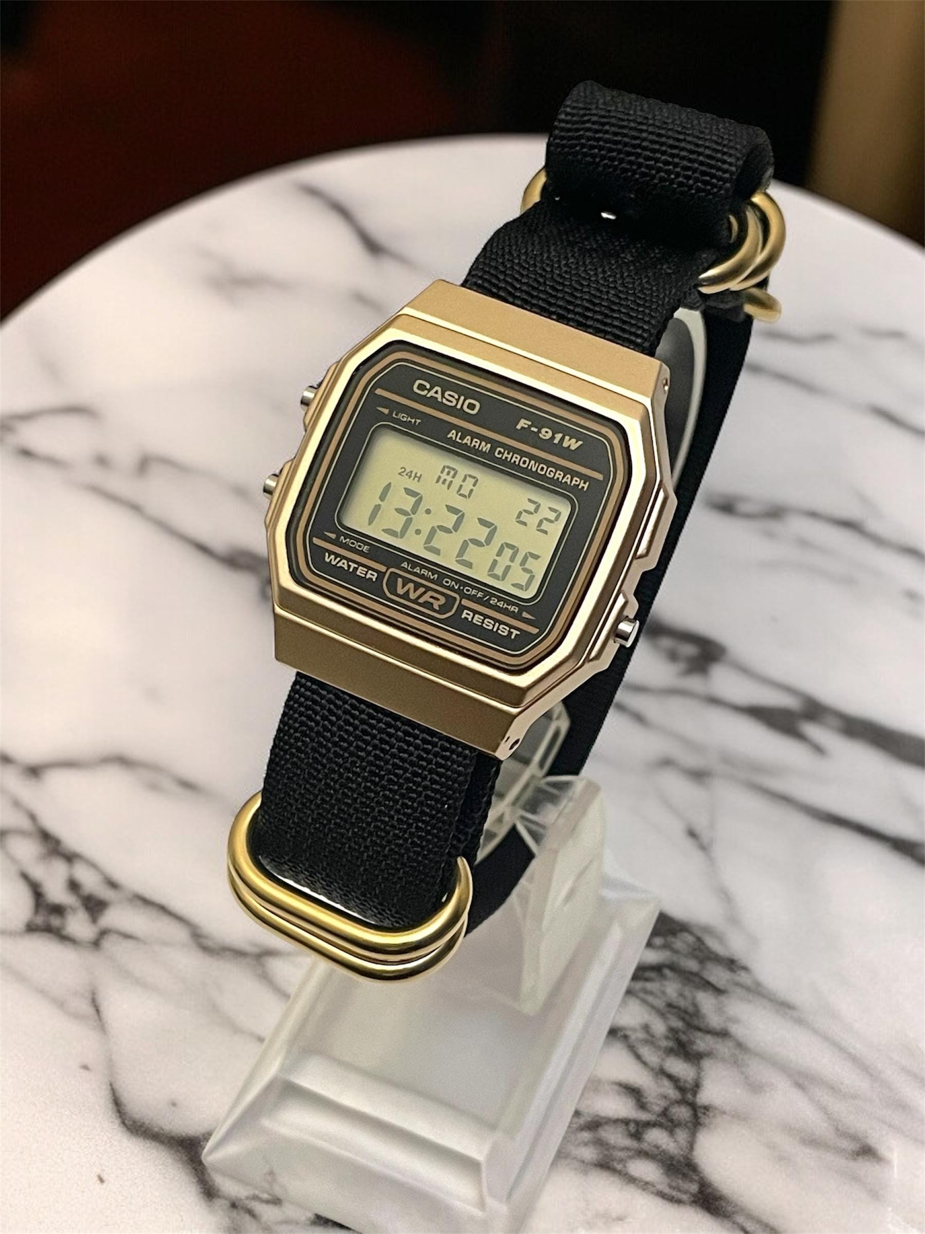 Custom Casio F91W Watch, Gold, Black NATO Strap