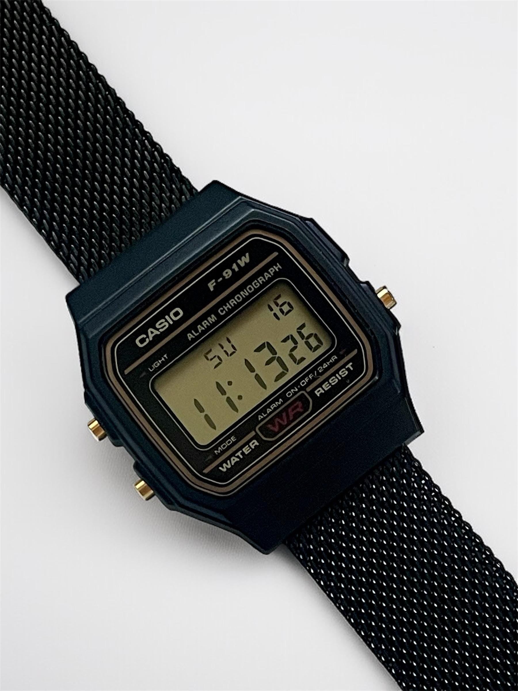 Custom Casio F91W Watch, Black, Black Metal Band
