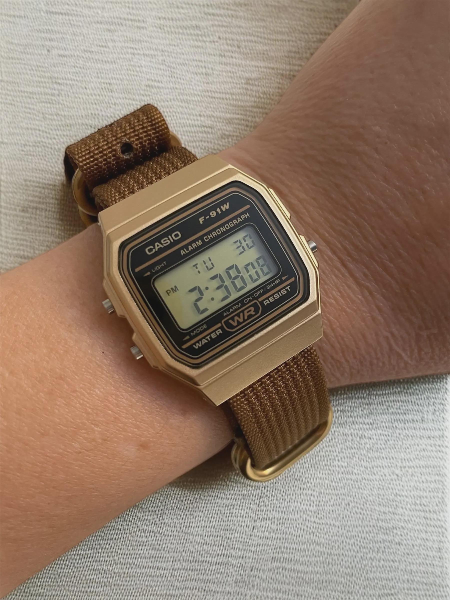 Custom Casio F91W Watch, Gold, Brown NATO Strap