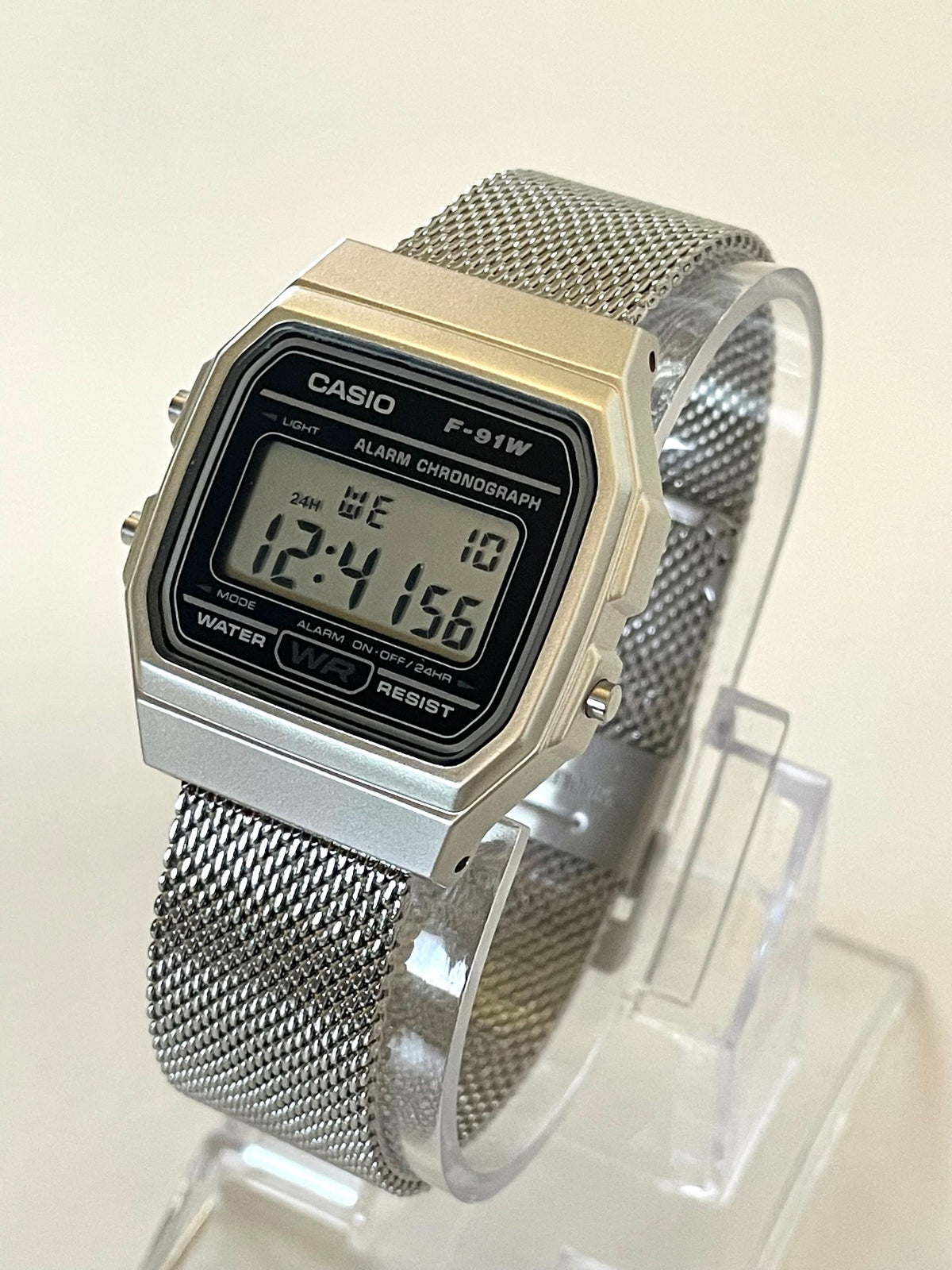 Custom Casio F91W Watch, Silver, Silver Metal Band