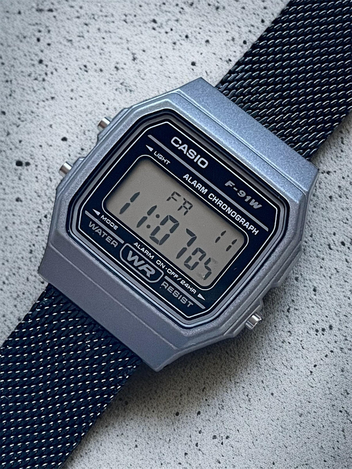 Custom Casio F91W Watch, Dark Silver, Black Metal Band