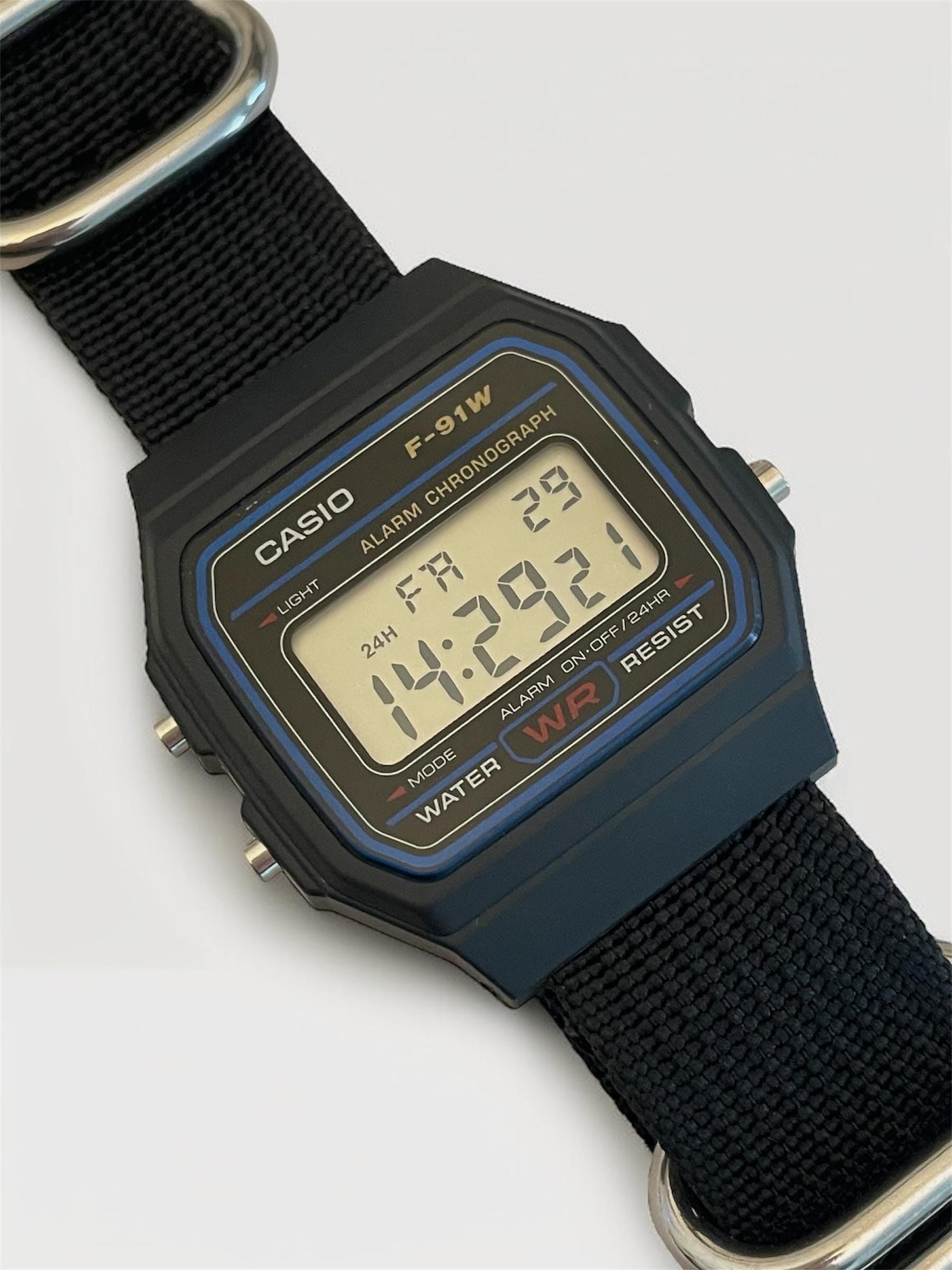 Custom Casio F91W Watch, Black, Black NATO Strap