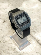 Custom Casio F91W Watch, Dark Silver, Black Metal Band