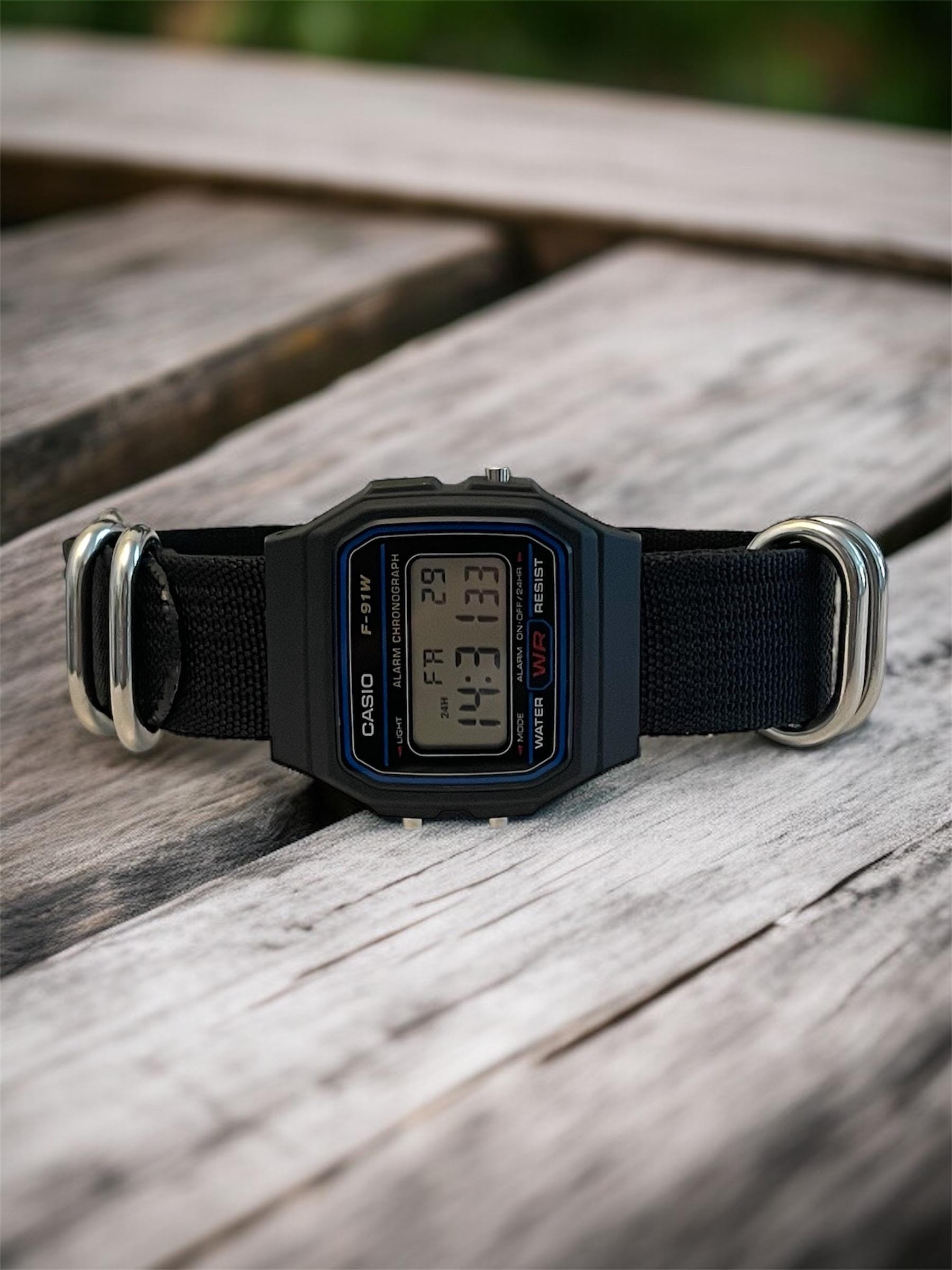 Custom Casio F91W Watch, Black, Black NATO Strap