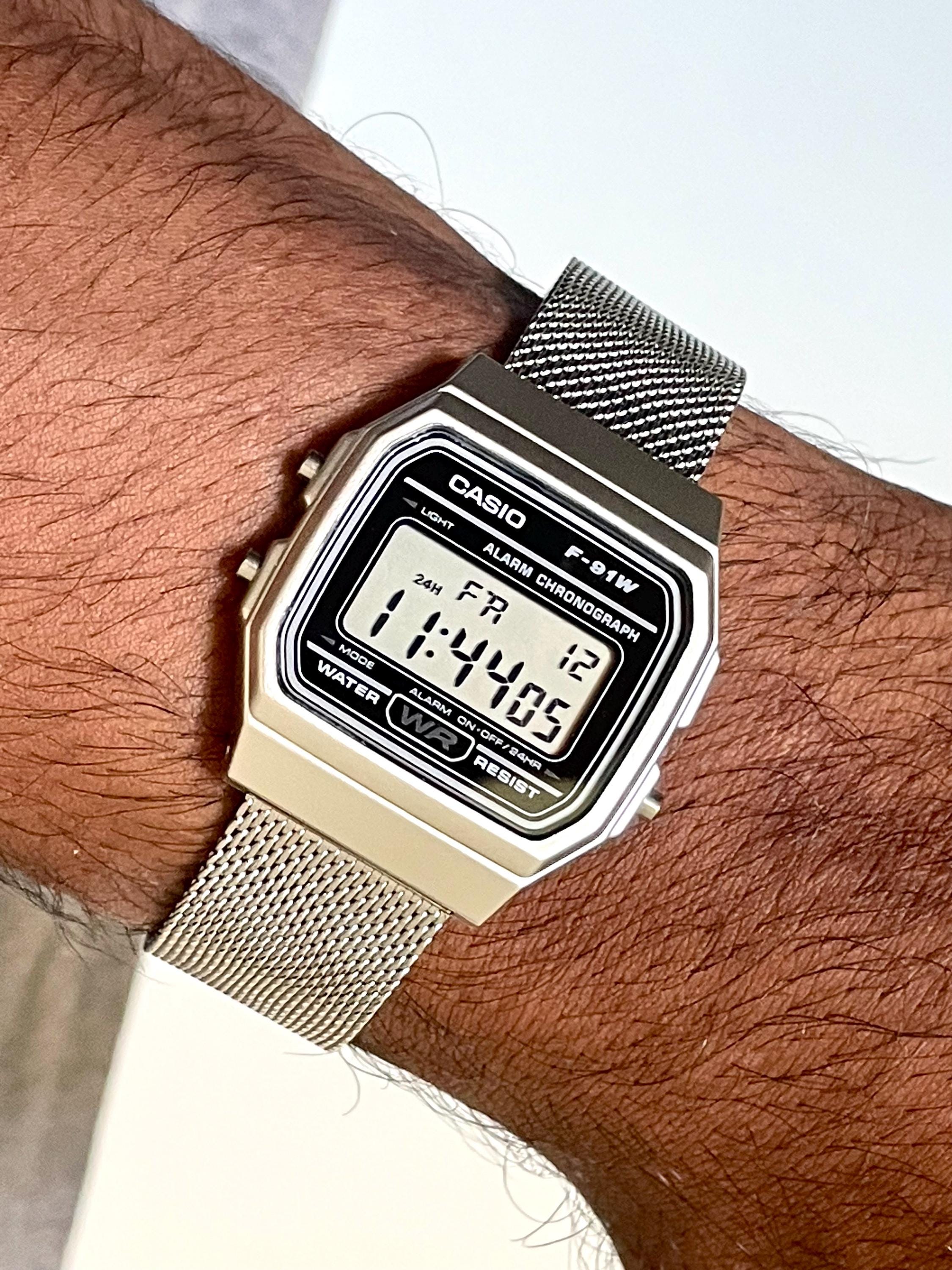 Custom Casio F91W Watch, Silver, Silver Metal Band