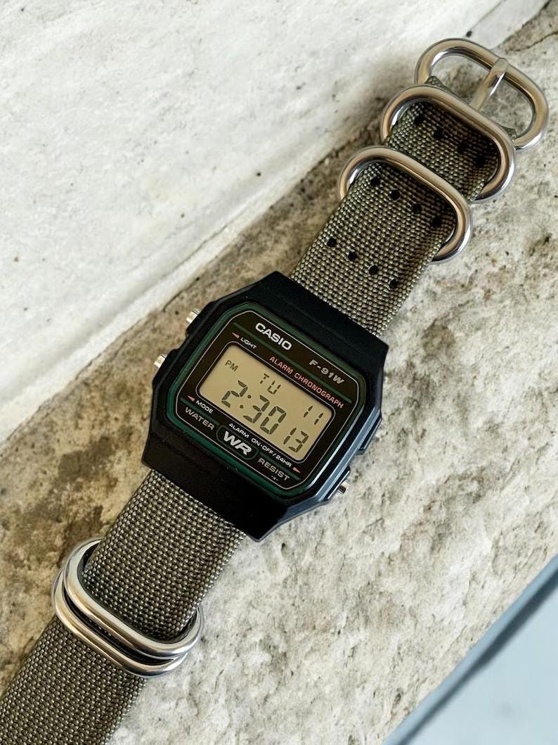 Custom Casio F91W Watch, Black, Army Green Nylon Strap