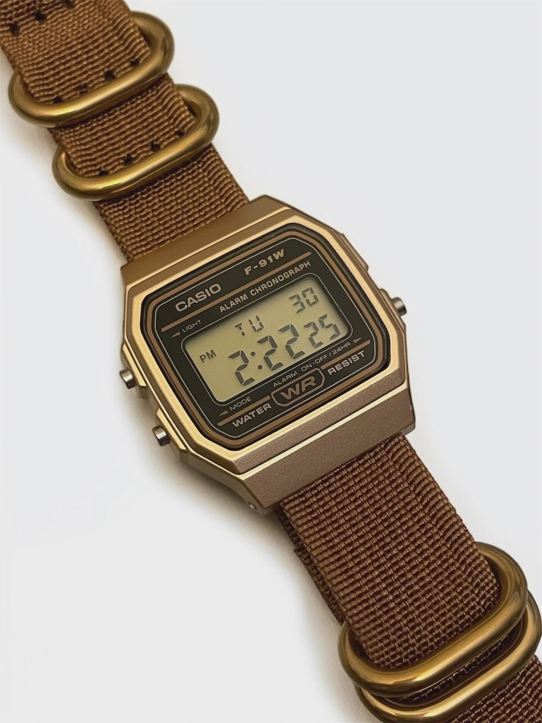 Custom Casio F91W Watch, Gold, Brown NATO Strap