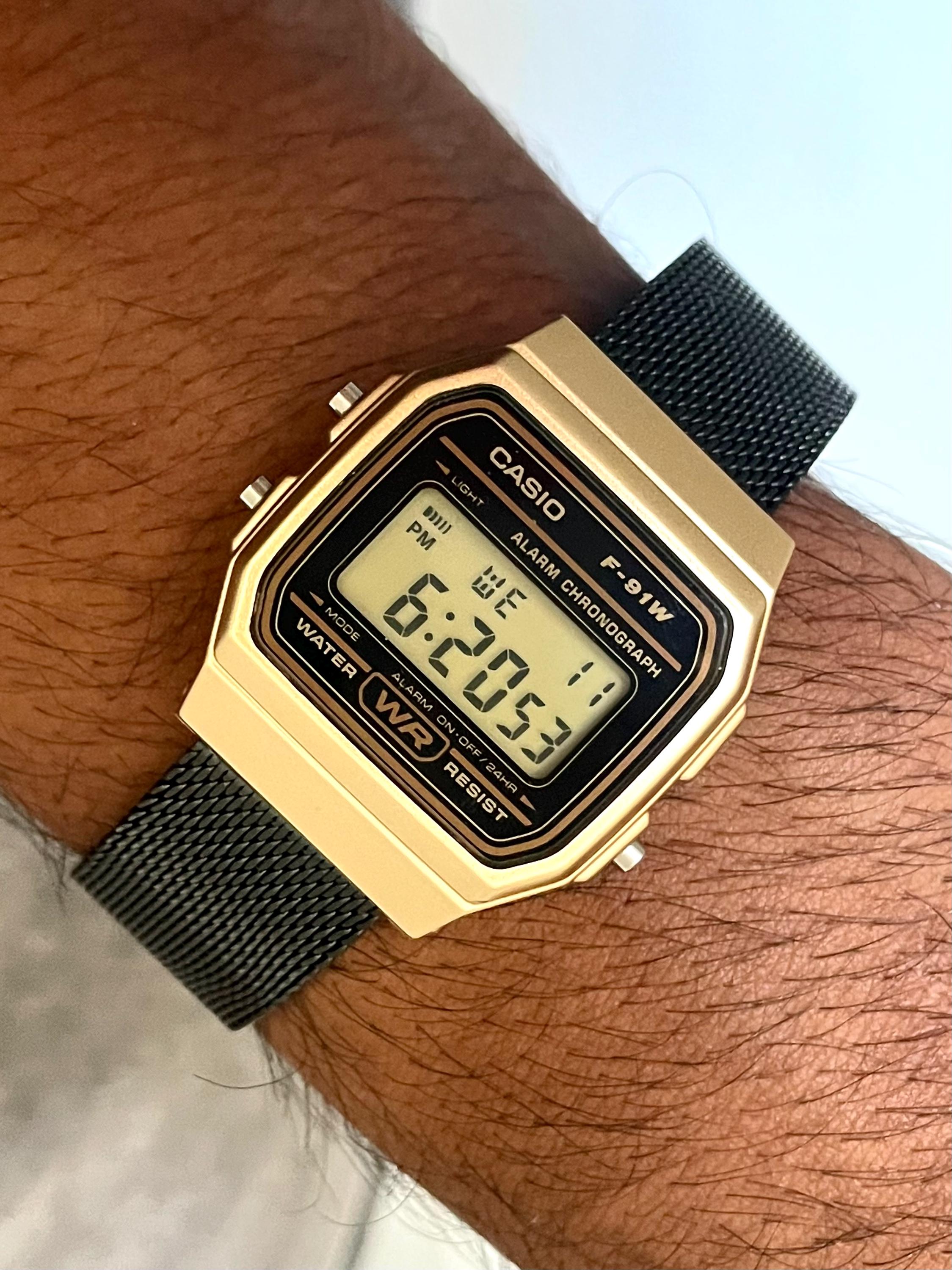 Custom Casio F91W Watch, Gold, Black Metal Band