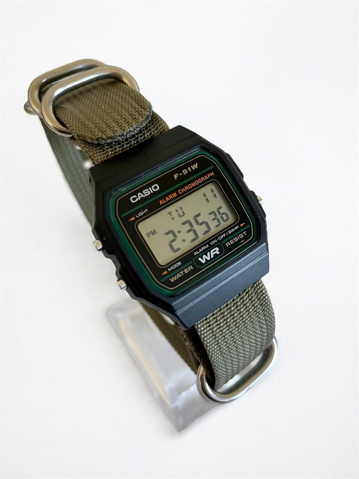 Custom Casio F91W Watch, Black, Army Green Nylon Strap