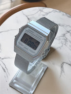 Custom Casio F91W Watch, White, Silver Metal Band