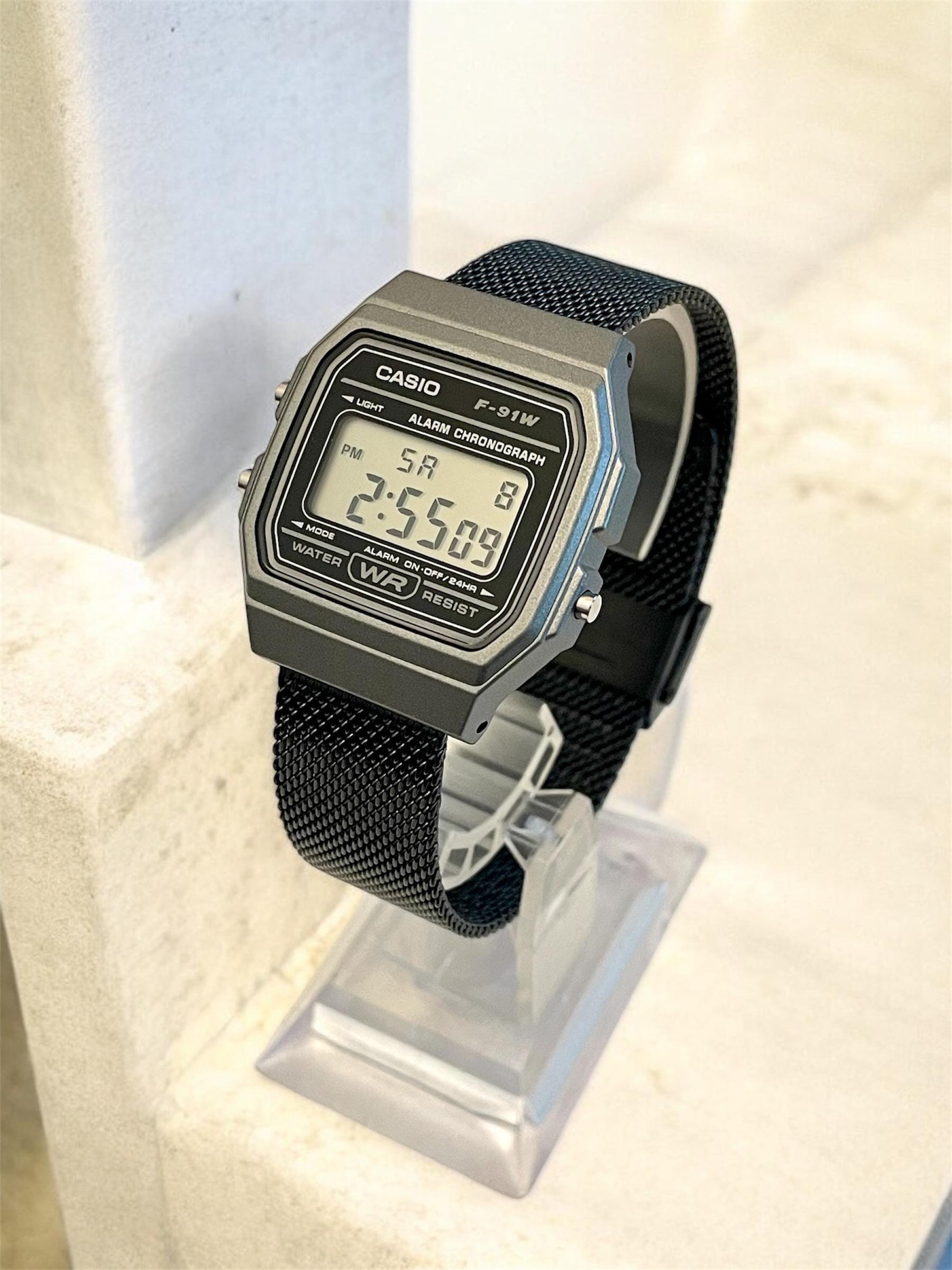 Custom Casio F91W Watch, Dark Silver, Black Metal Band