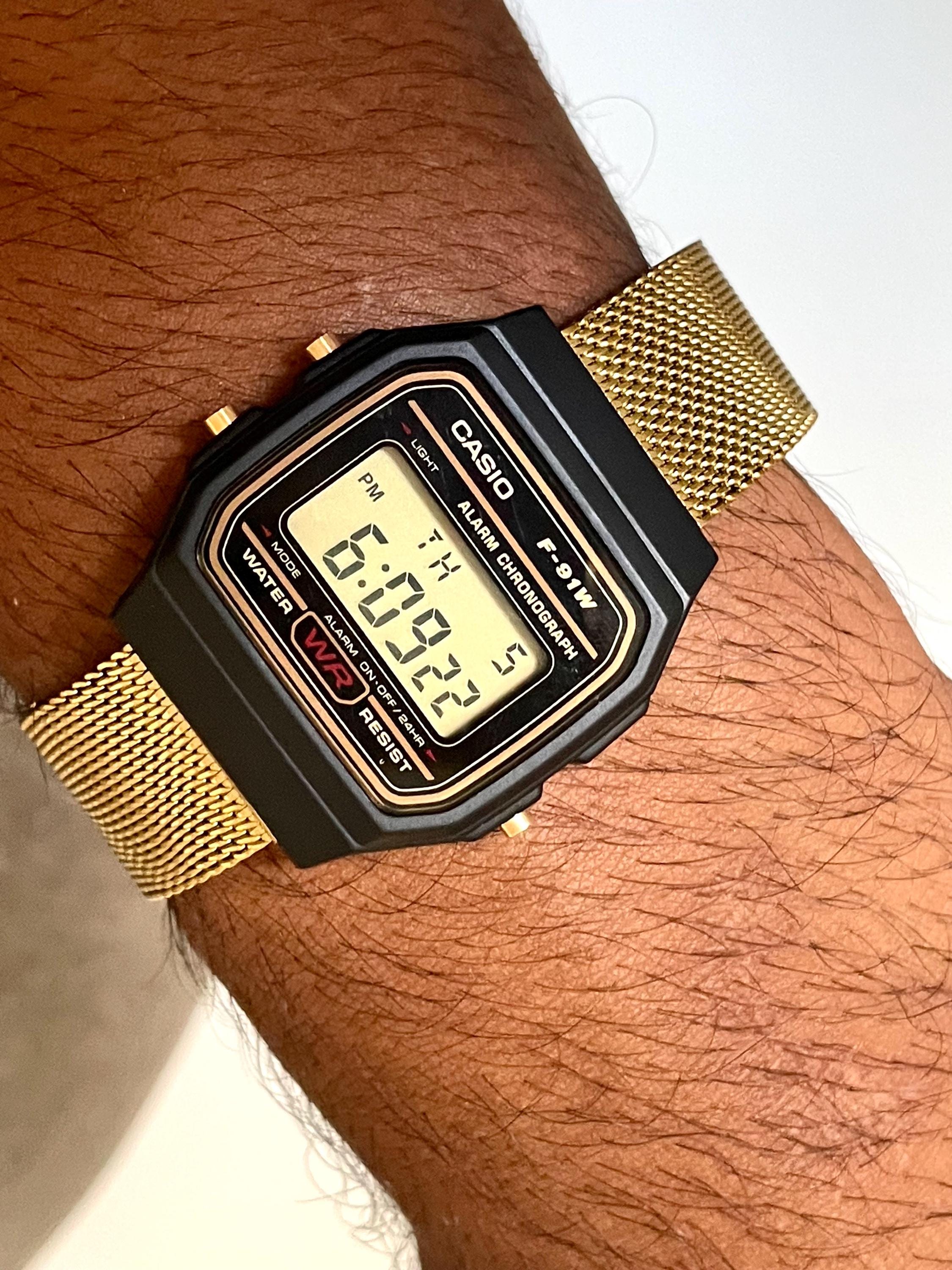 Custom Casio F91W, Black, Gold Metal Band