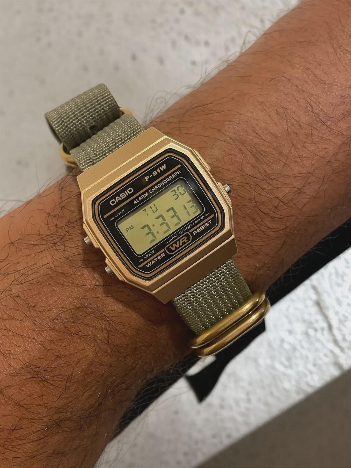 Custom Casio F91W Watch, Gold, Army Green NATO Strap