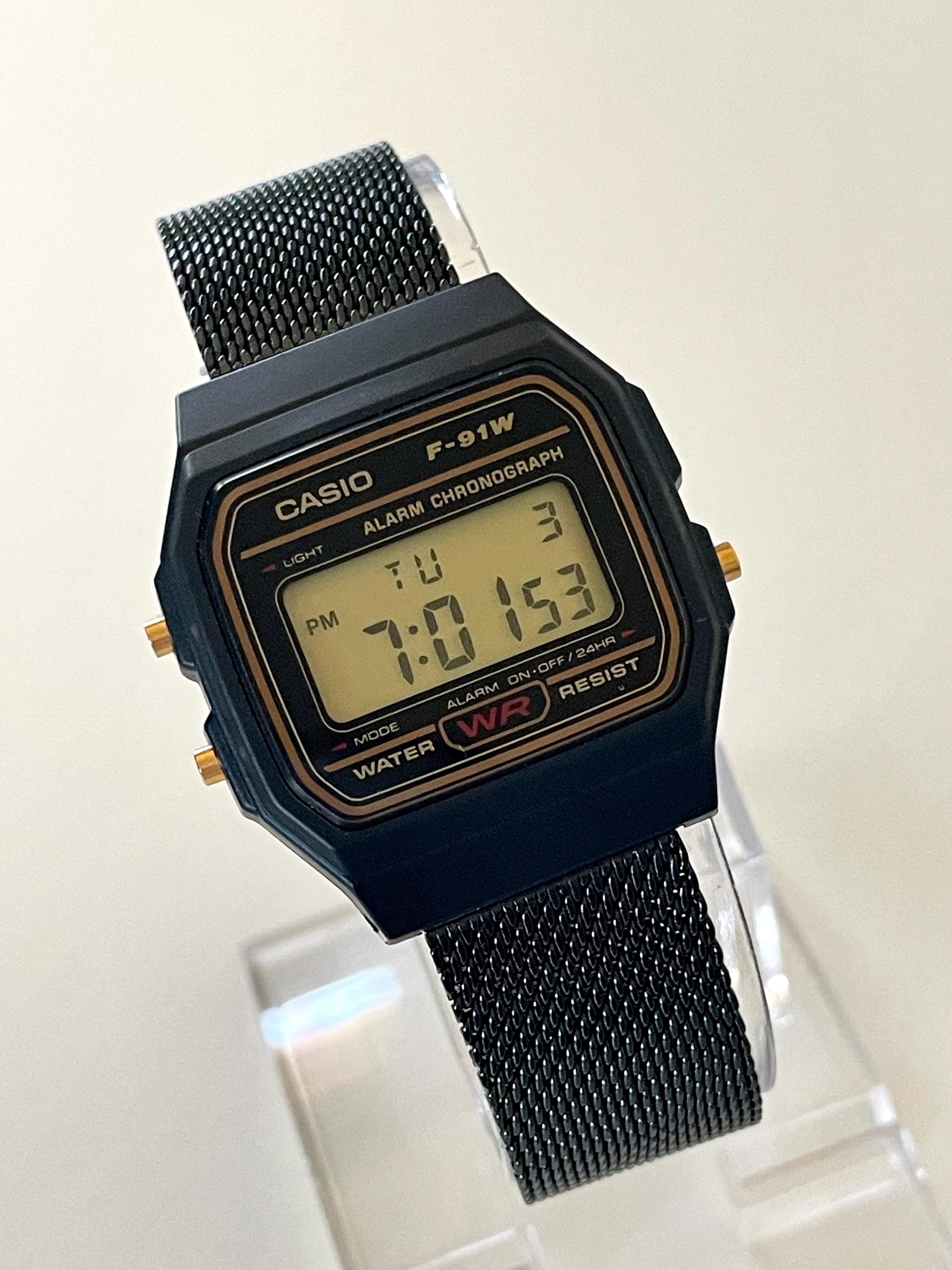 Custom Casio F91W Watch, Black, Black Metal Band