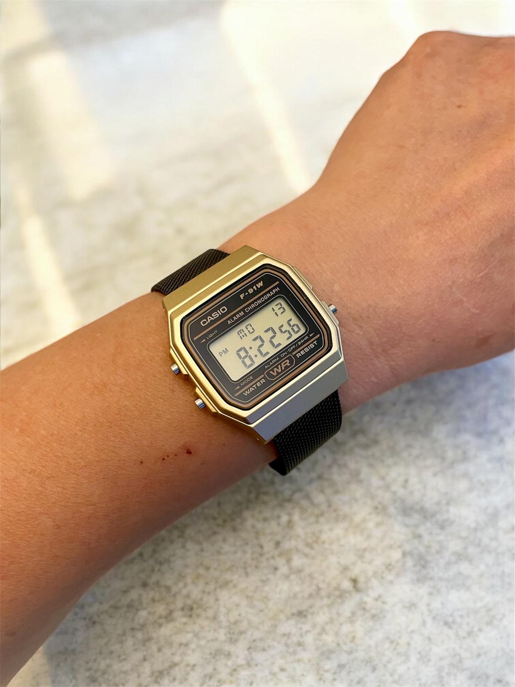 Custom Casio F91W Watch, Gold, Black Metal Band