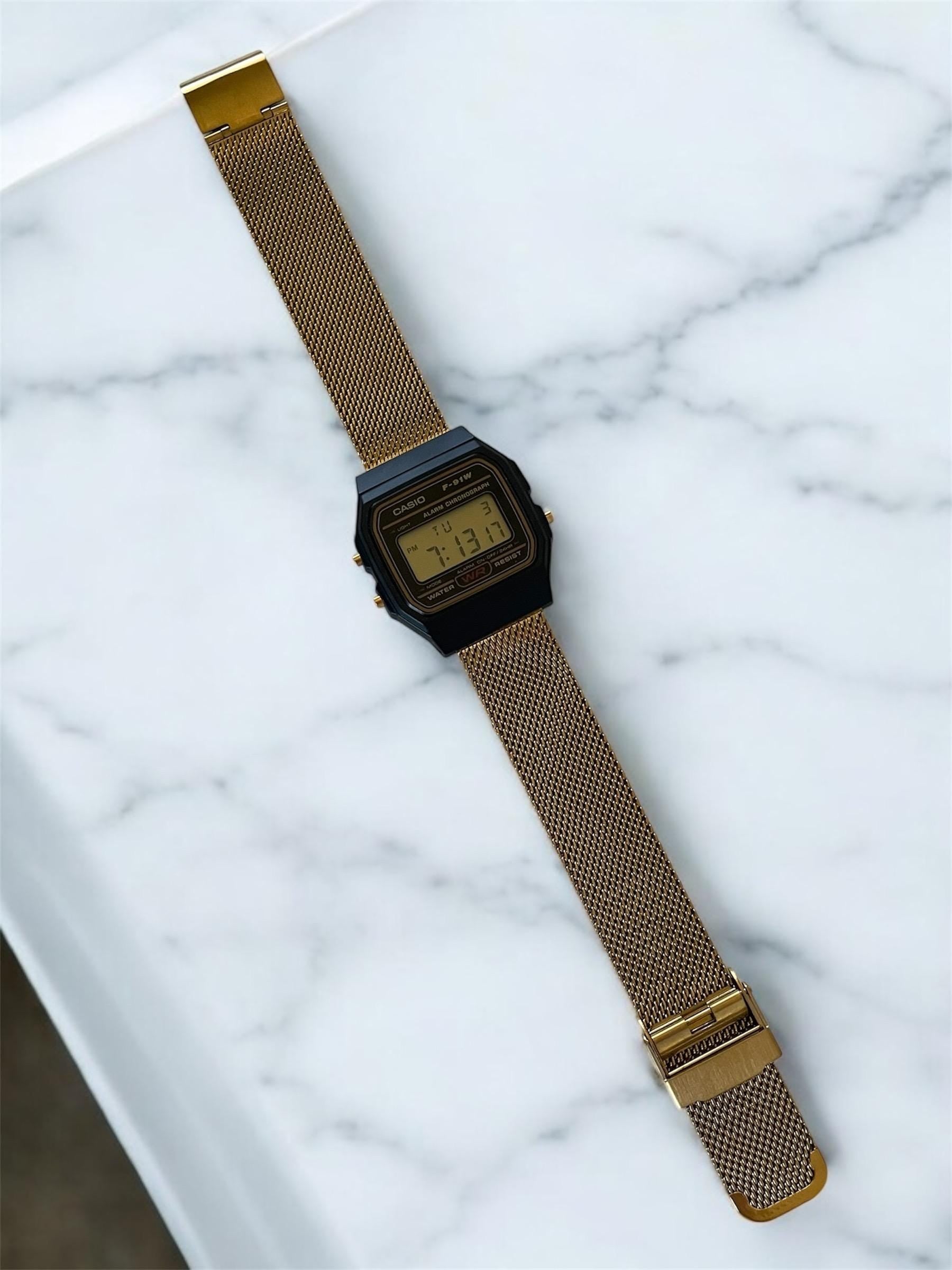 Custom Casio F91W, Black, Gold Metal Band