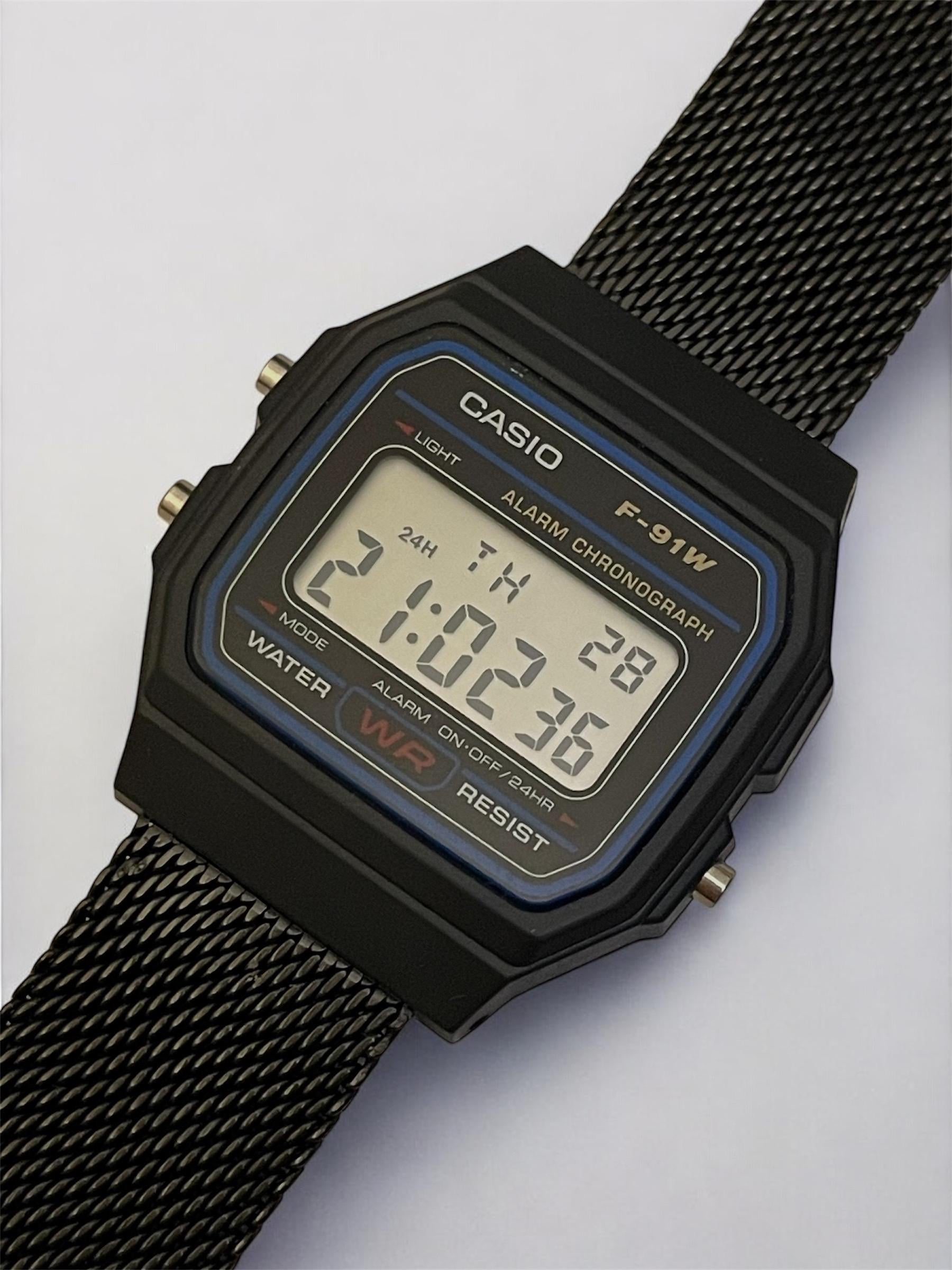 Custom Casio F91W Watch, Black, Black Metal Band
