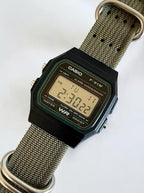 Custom Casio F91W Watch, Black, Army Green Nylon Strap