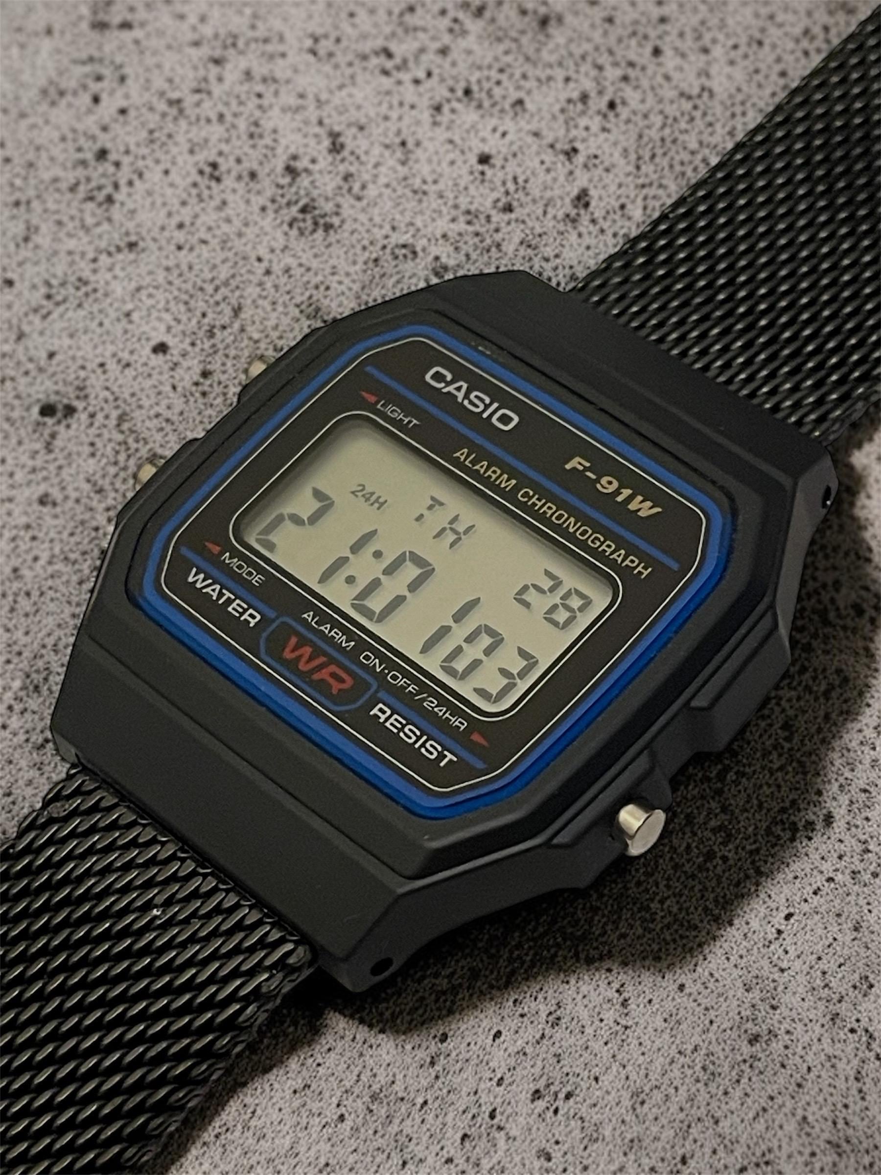 Custom Casio F91W Watch, Black, Black Metal Band