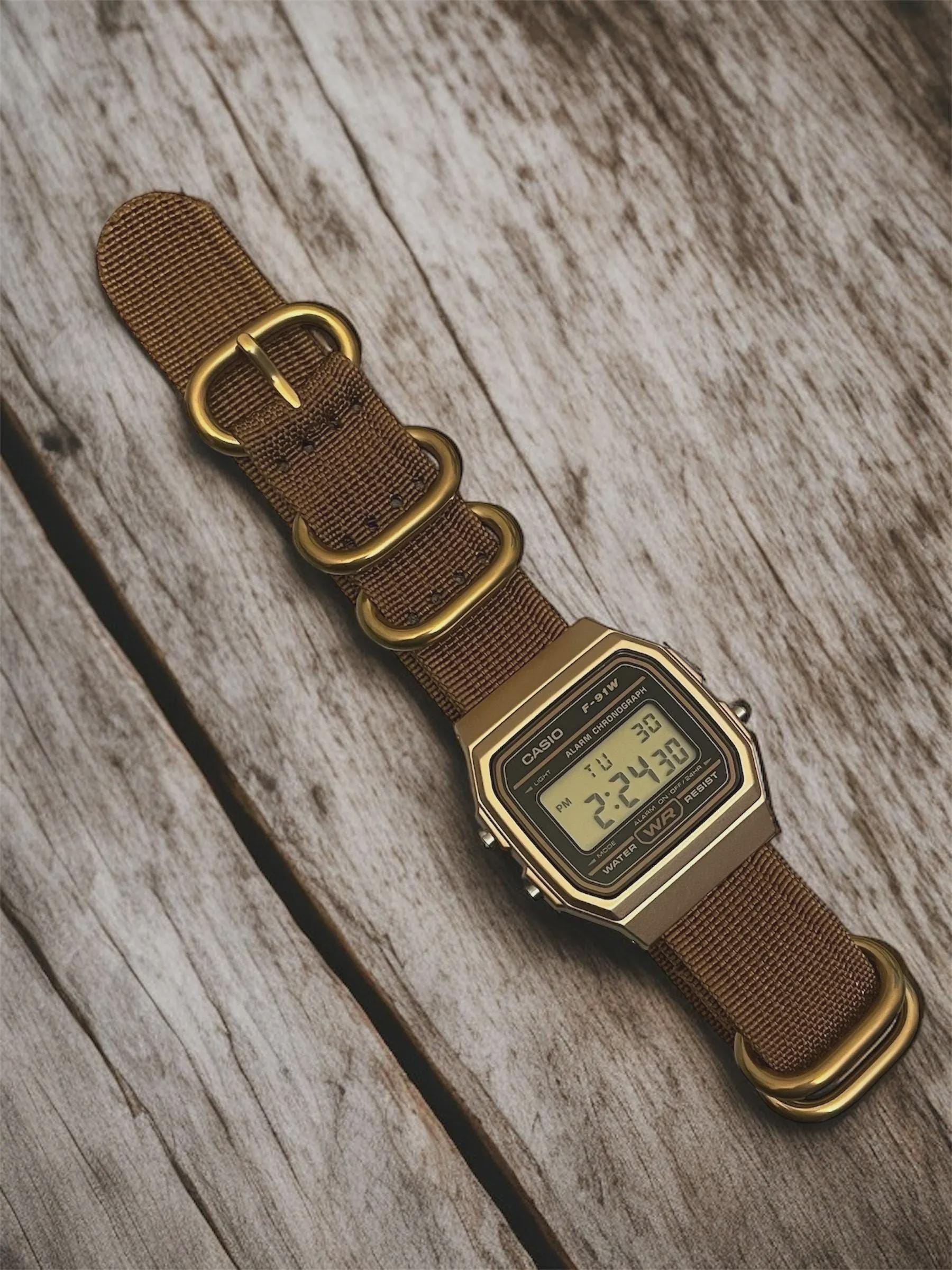 Custom Casio F91W Watch, Gold, Brown NATO Strap