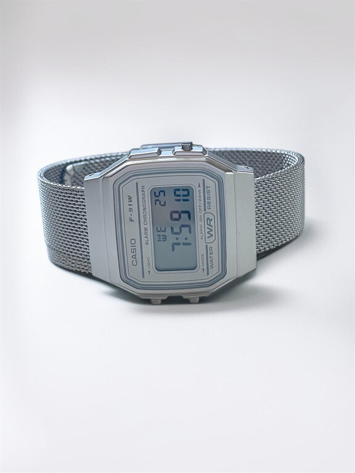 Custom Casio F91W Watch, White, Silver Metal Band