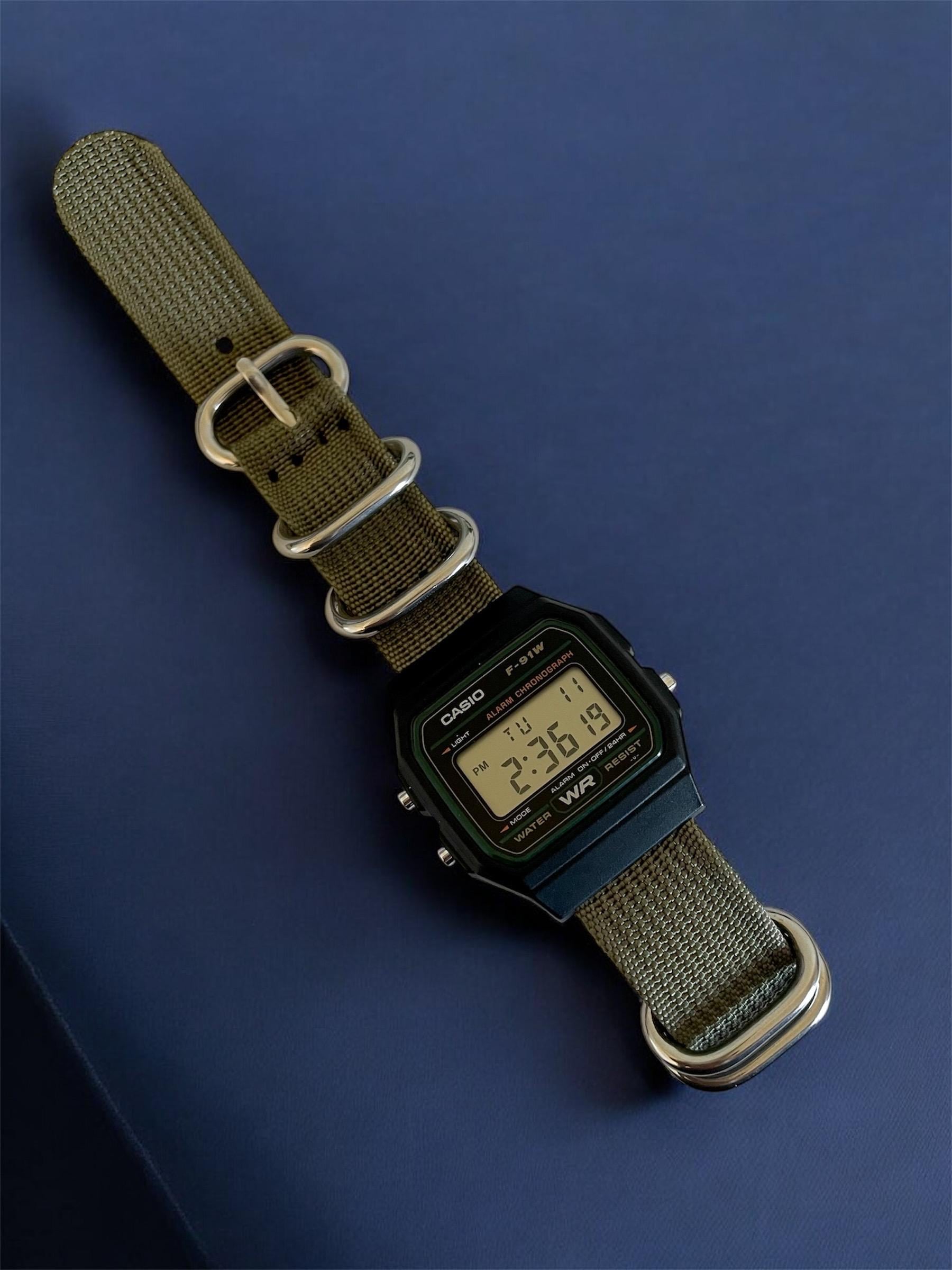 Custom Casio F91W Watch, Black, Army Green Nylon Strap