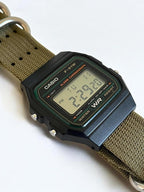 Custom Casio F91W Watch, Black, Army Green Nylon Strap