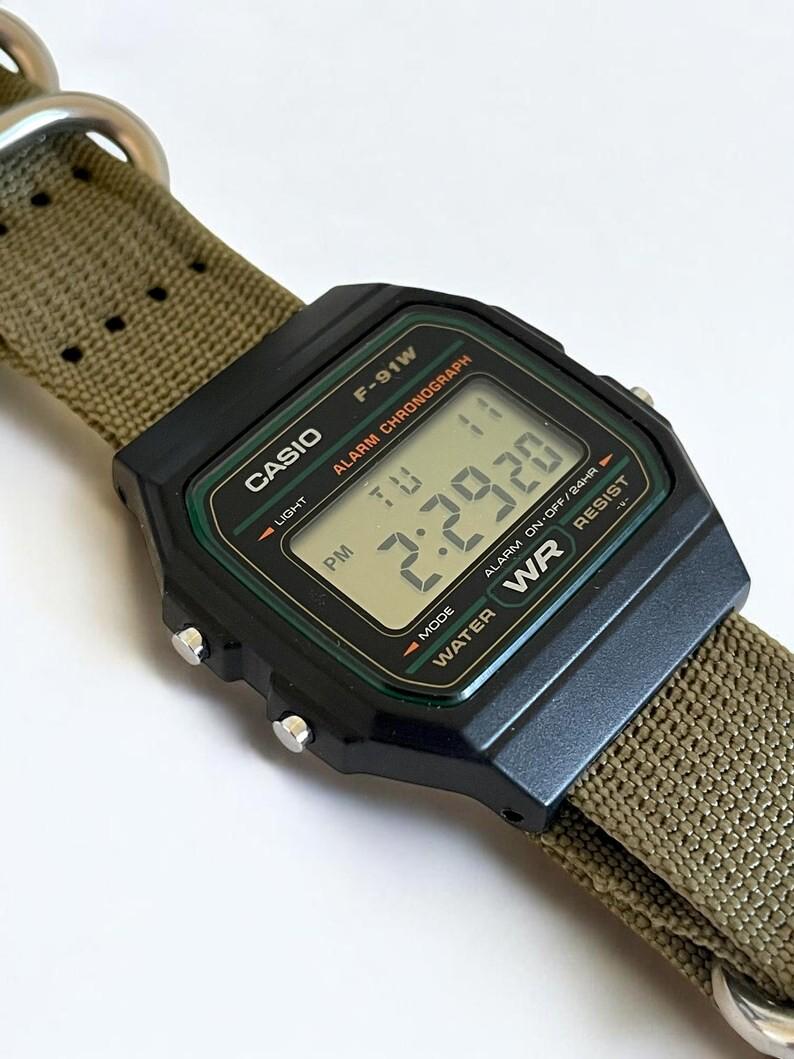Custom Casio F91W Watch, Black, Army Green Nylon Strap