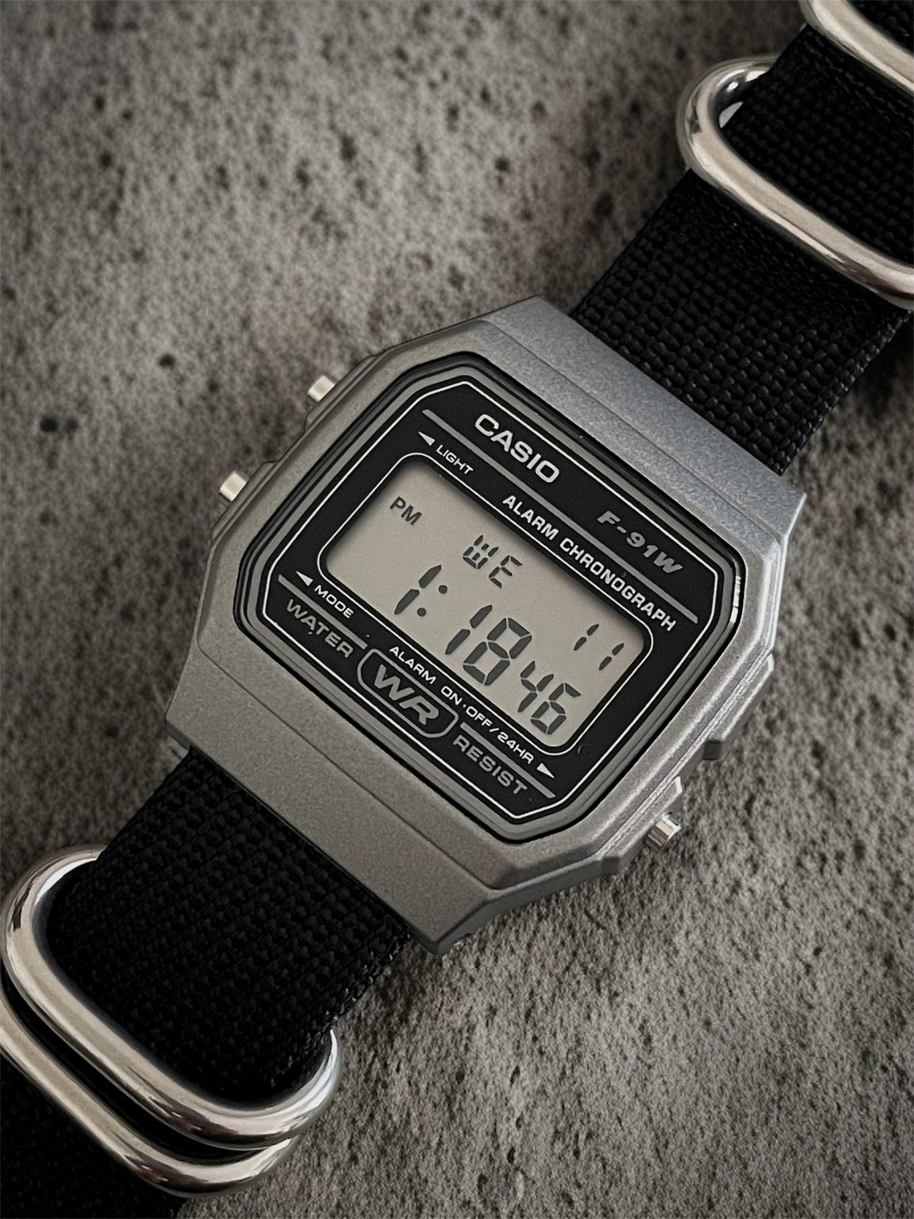 Custom Casio F91W Watch, Dark Silver, Black Nylon Strap