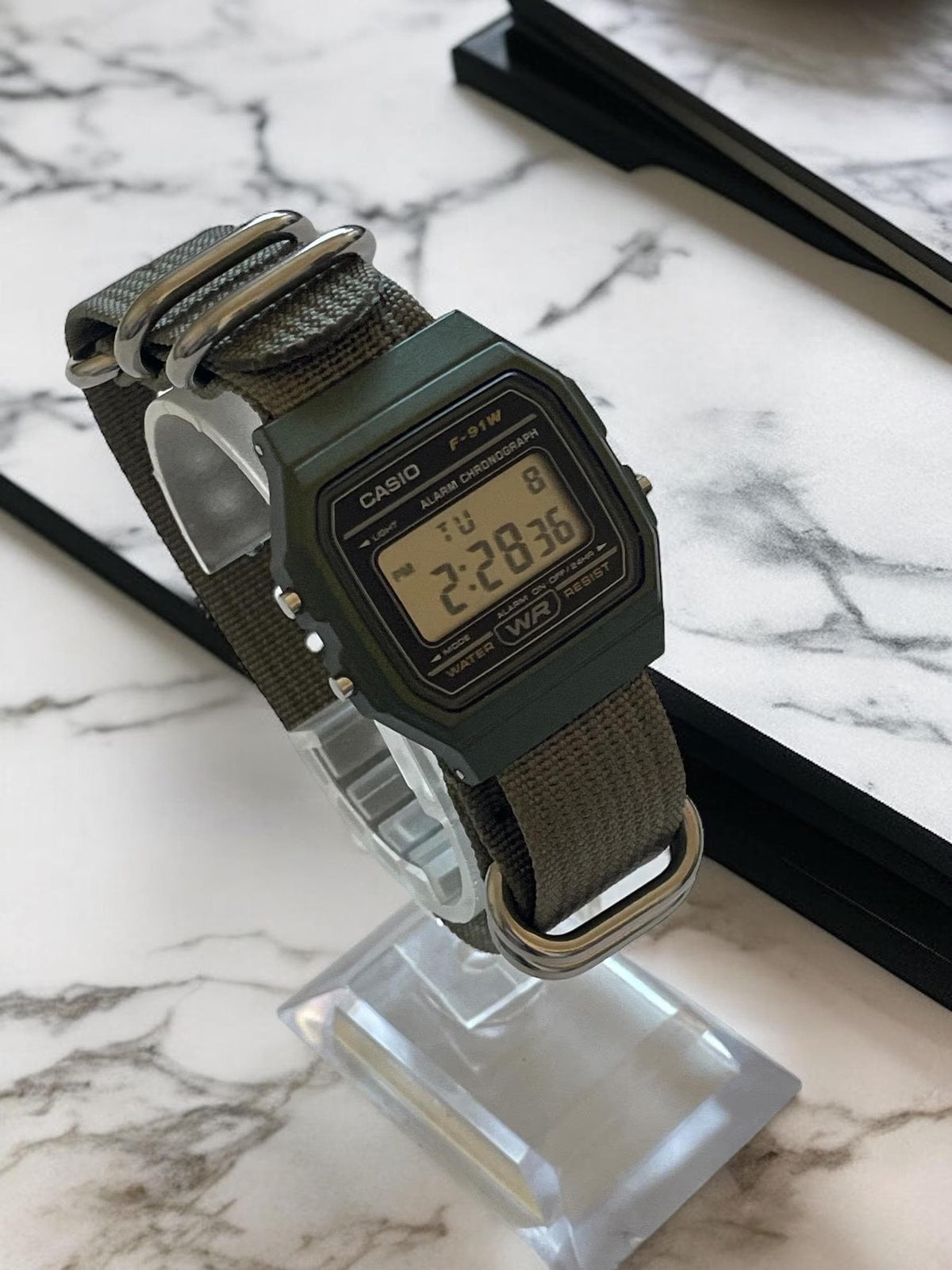 Custom Casio F91W Watch, Green, Army Green NATO Strap