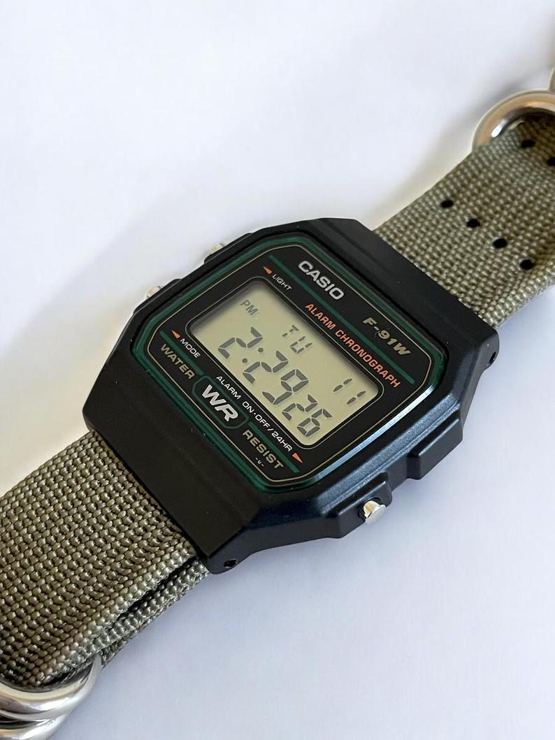 Custom Casio F91W Watch, Black, Army Green Nylon Strap