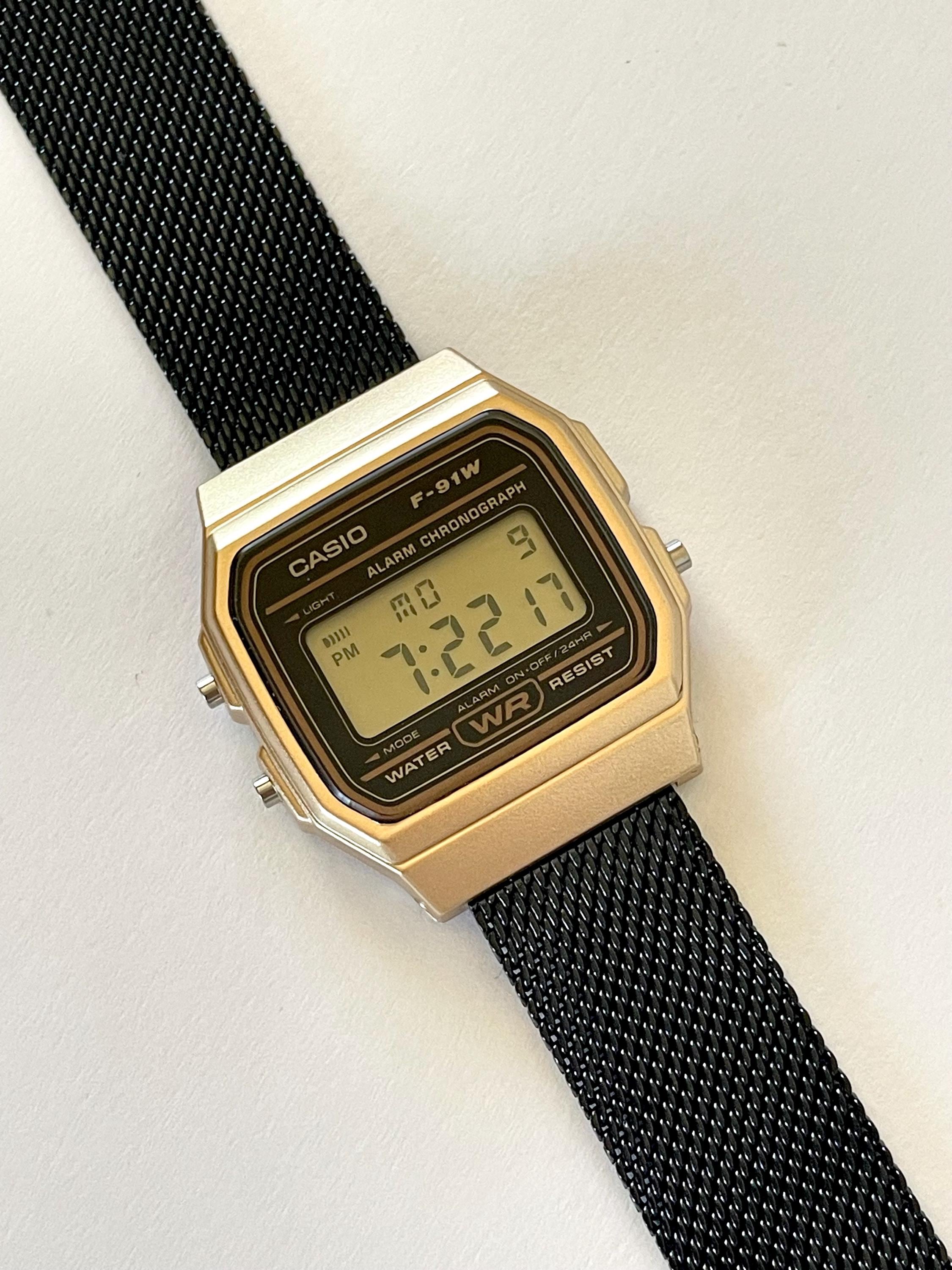Custom Casio F91W Watch, Gold, Black Metal Band