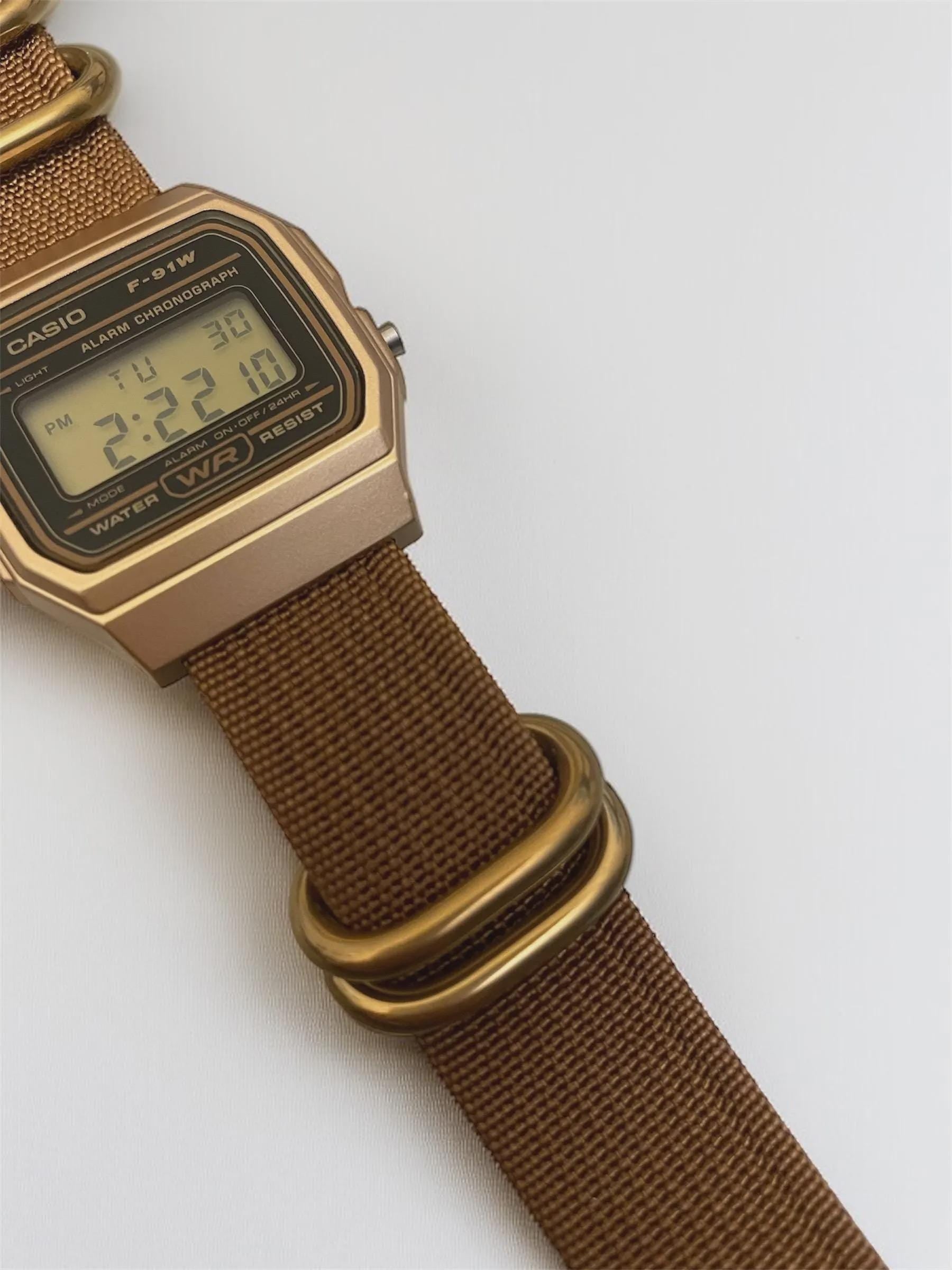 Custom Casio F91W Watch, Gold, Brown NATO Strap