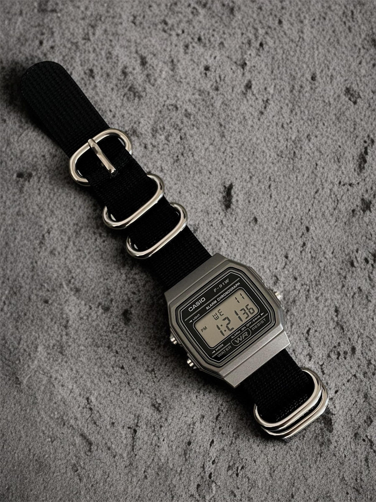 Custom Casio F91W Watch, Dark Silver, Black Nylon Strap