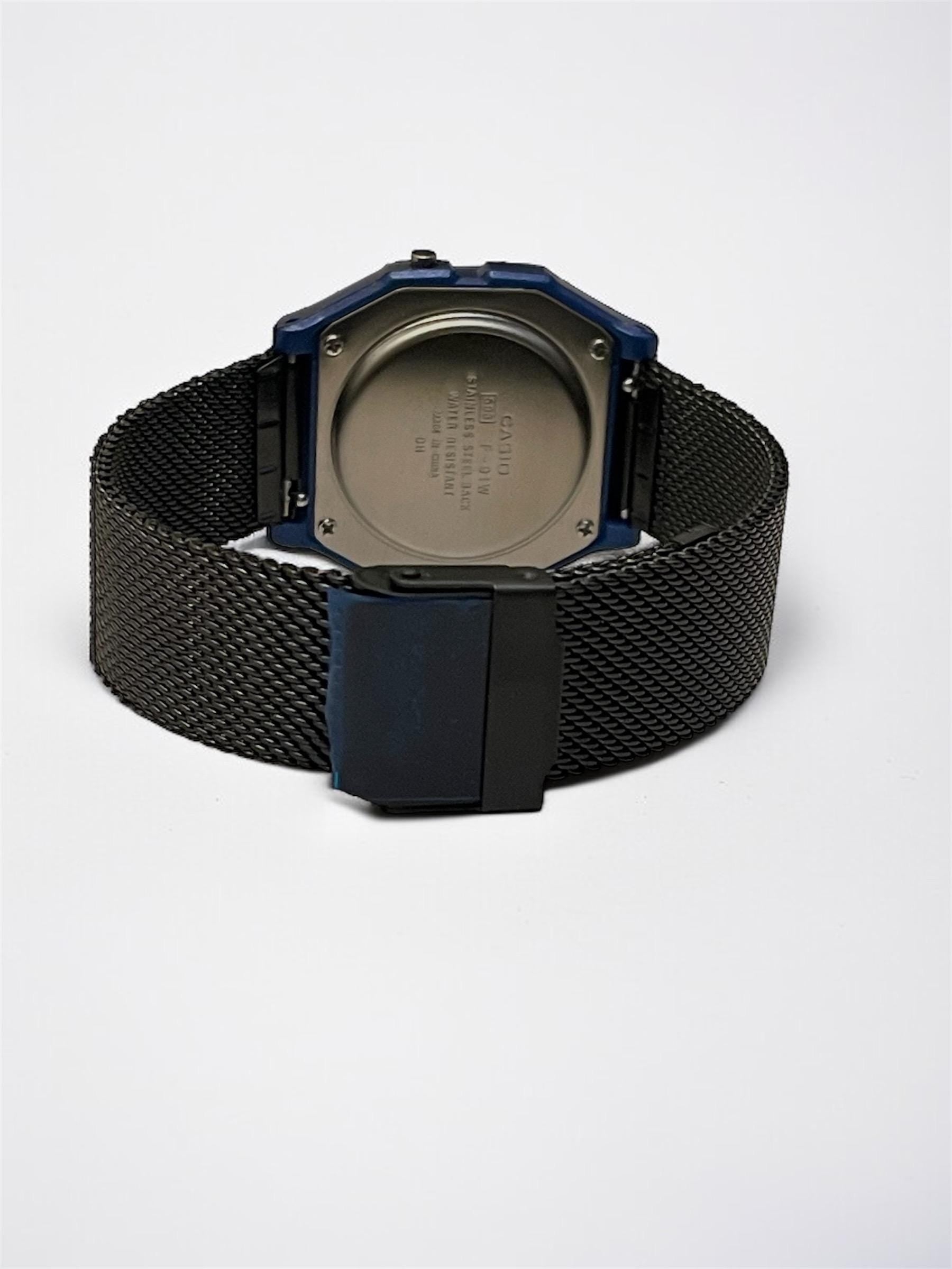 Custom Casio F91W Watch, Blue, Black Metal Band