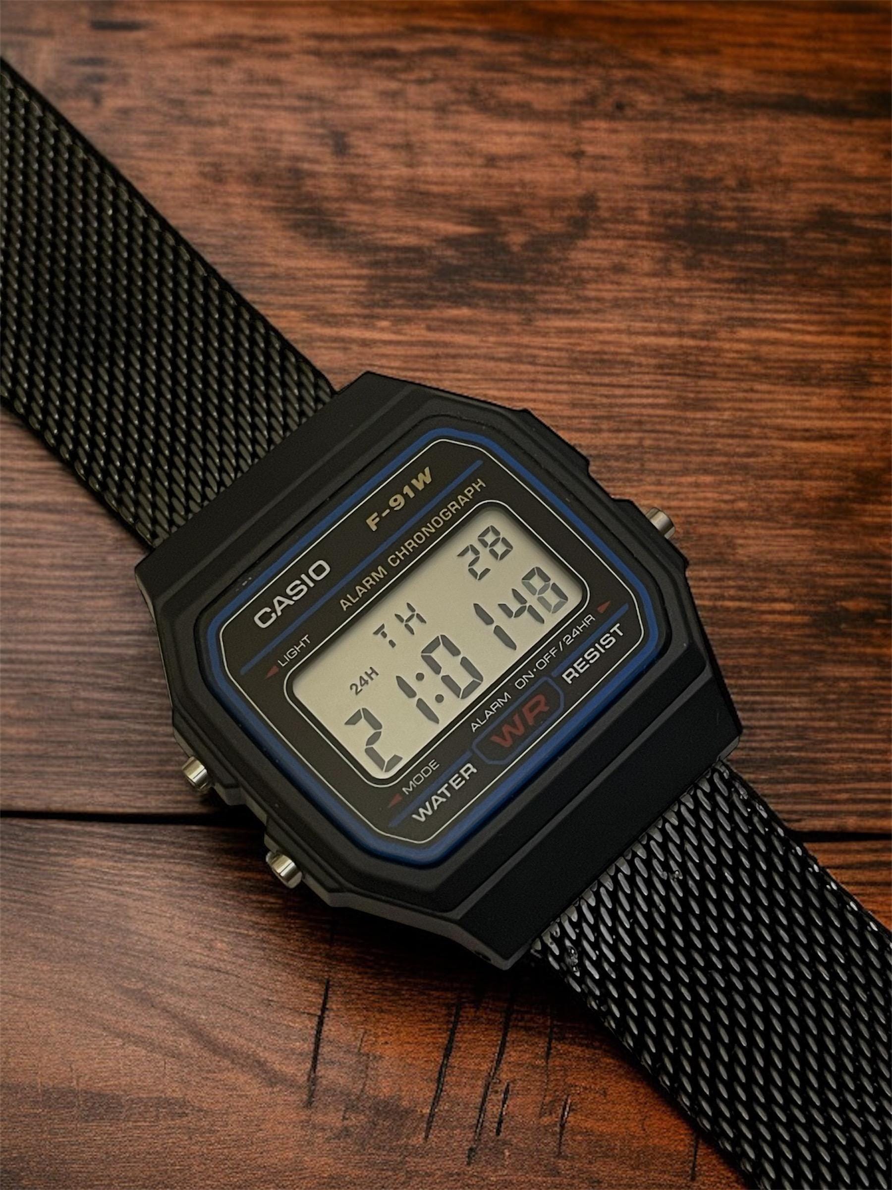 Custom Casio F91W Watch, Black, Black Metal Band