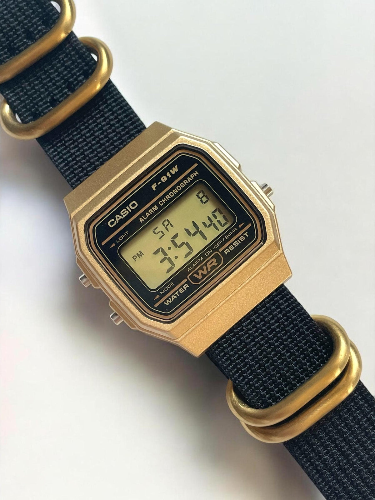 Custom Casio F91W Watch, Gold, Black NATO Strap