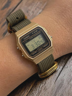 Custom Casio F91W Watch, Gold, Army Green NATO Strap